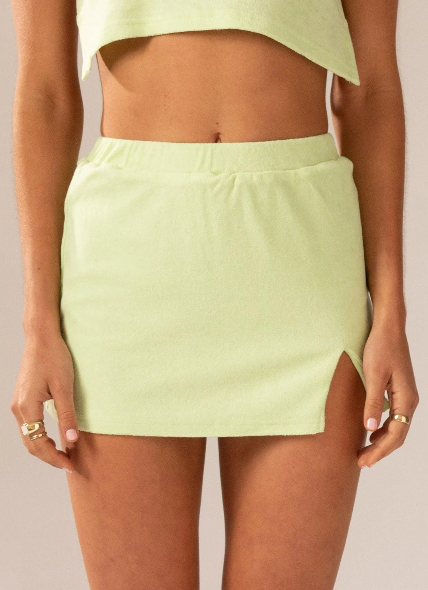 Changing Seasons Terry Mini Skirt - Lime Green Low Maintenance Fabric
