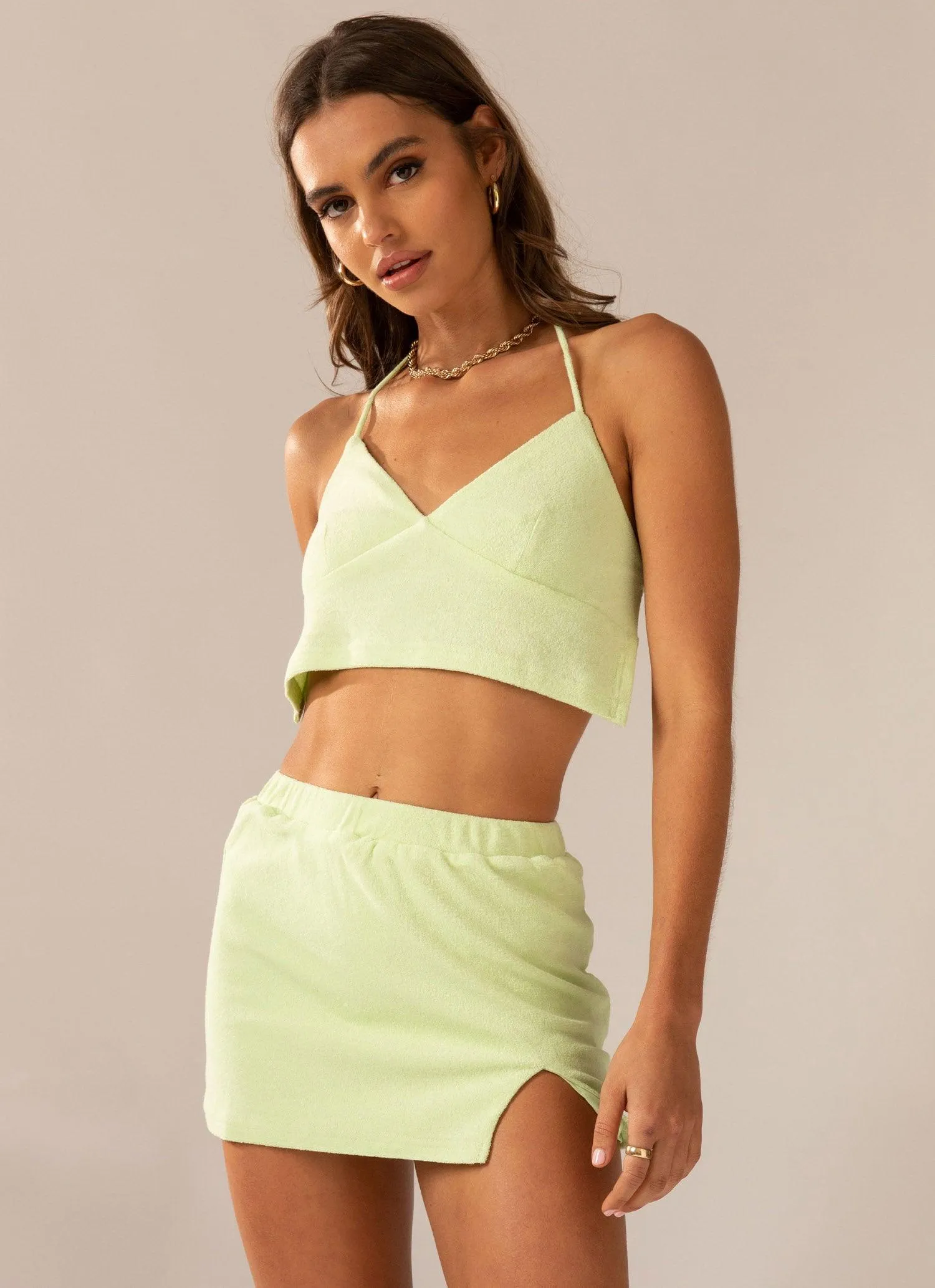 Changing Seasons Terry Mini Skirt - Lime Green Sheer Overlay Denim style