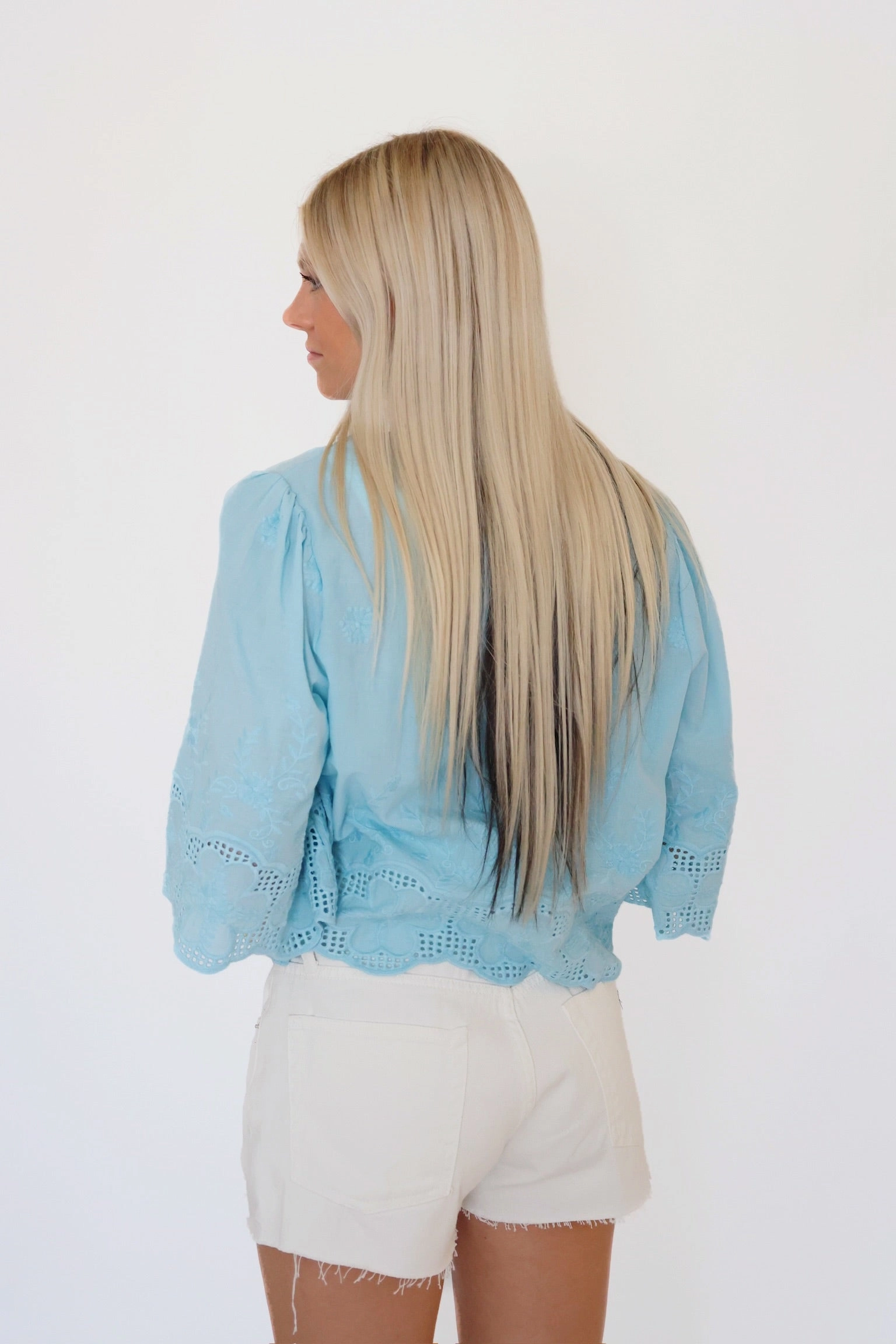 Layered Ply Construction Daisy Tie Front Blouse- Sky