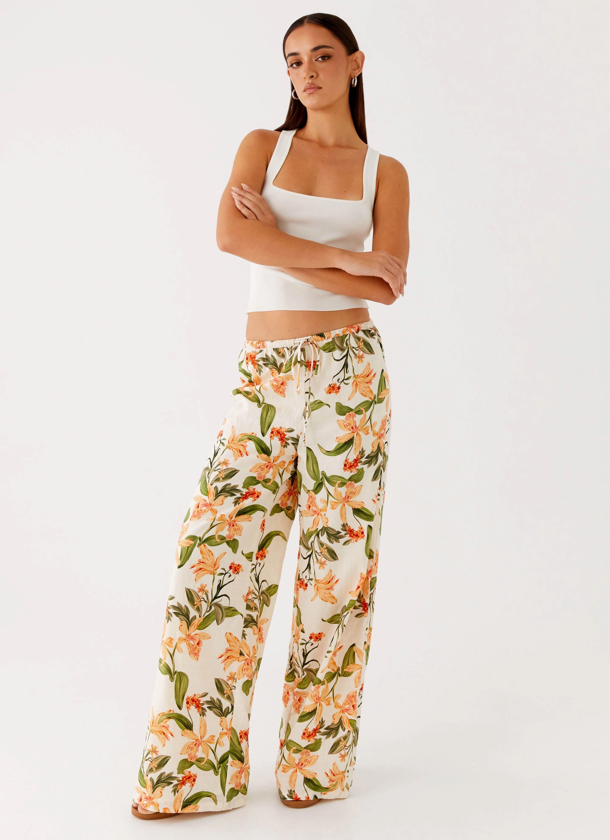 Dalida Linen Pants - Floral Print Cozy Comfort Wind Resistance