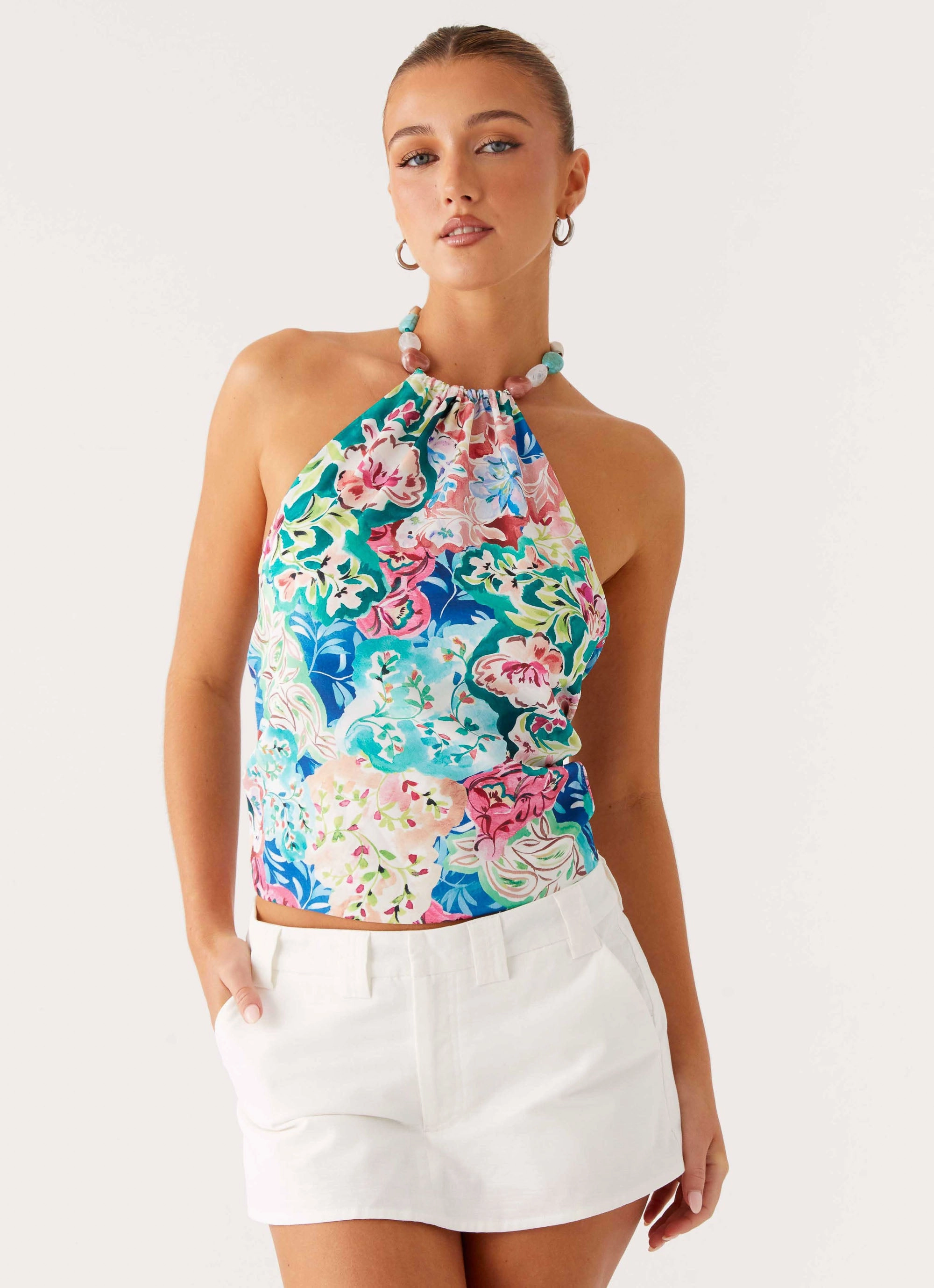 Dalila Beaded Tie Back Top - Santorini Floral MinimalistSilhouette Stylish Tank