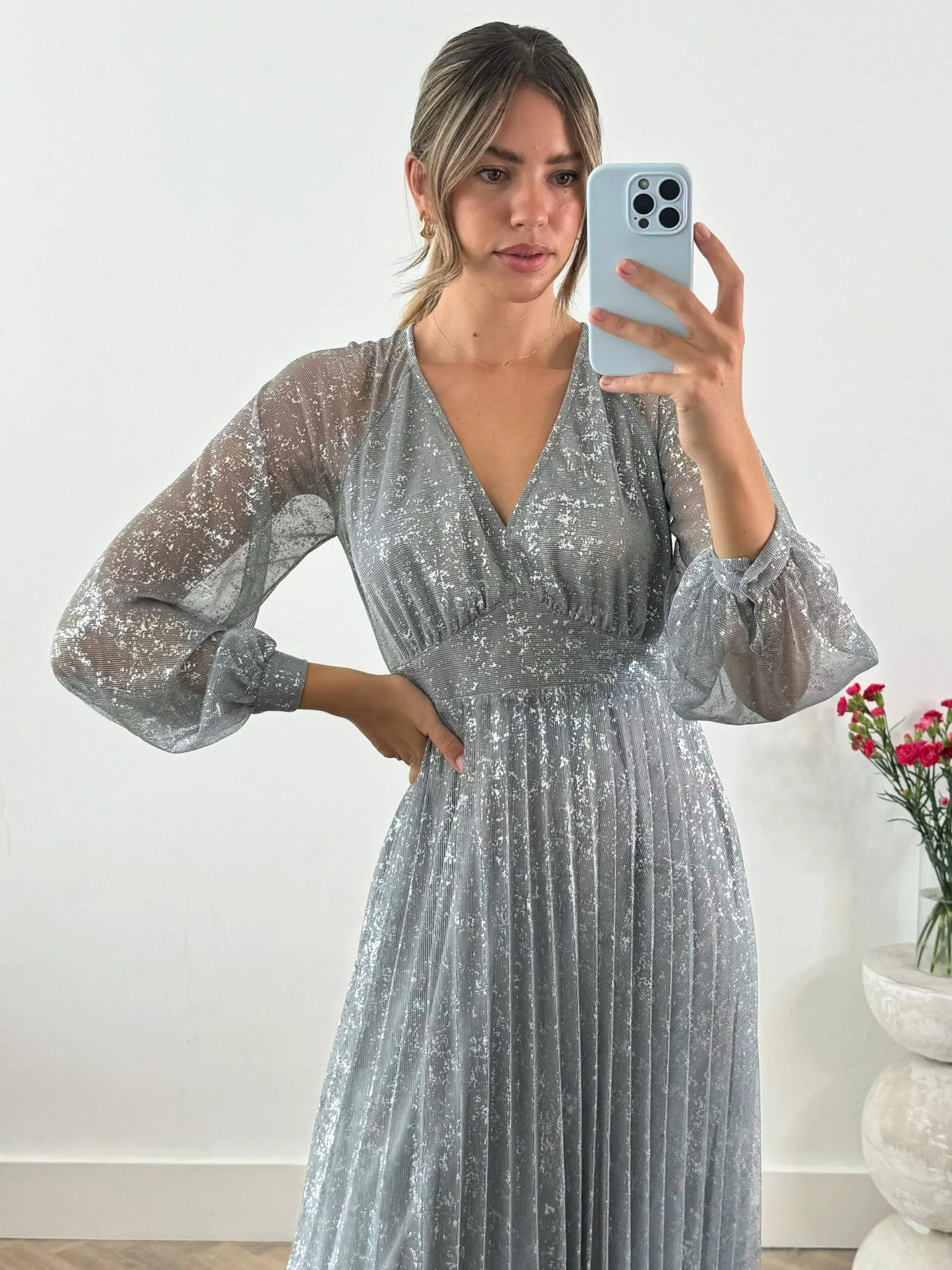 Dannica Pleated Balloon Sleeve Maxi Dress / Silver Formal dinner wear