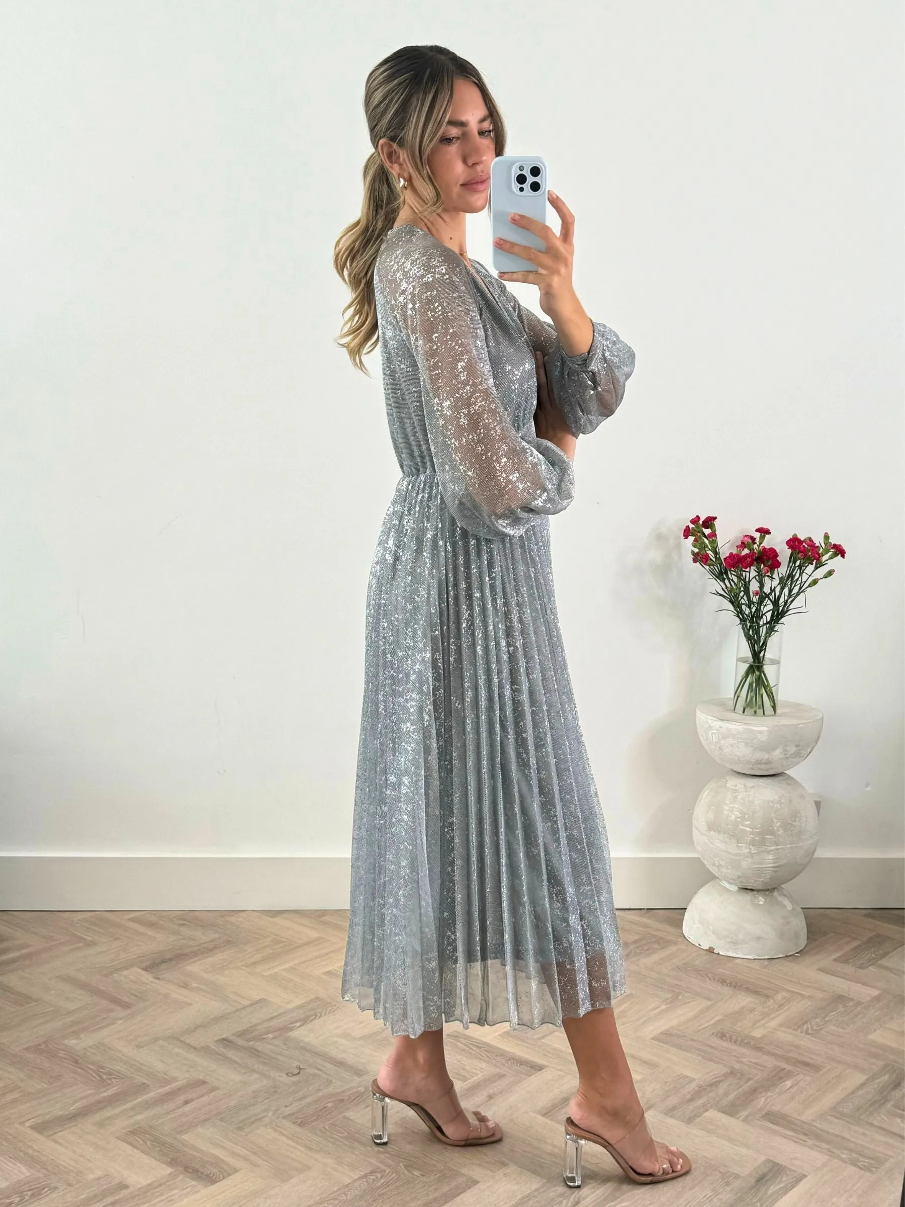 Dannica Pleated Balloon Sleeve Maxi Dress / Silver Color Soft Calm Style