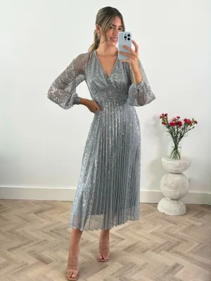 High Waist Dannica Pleated Balloon Sleeve Maxi Dress / Silver