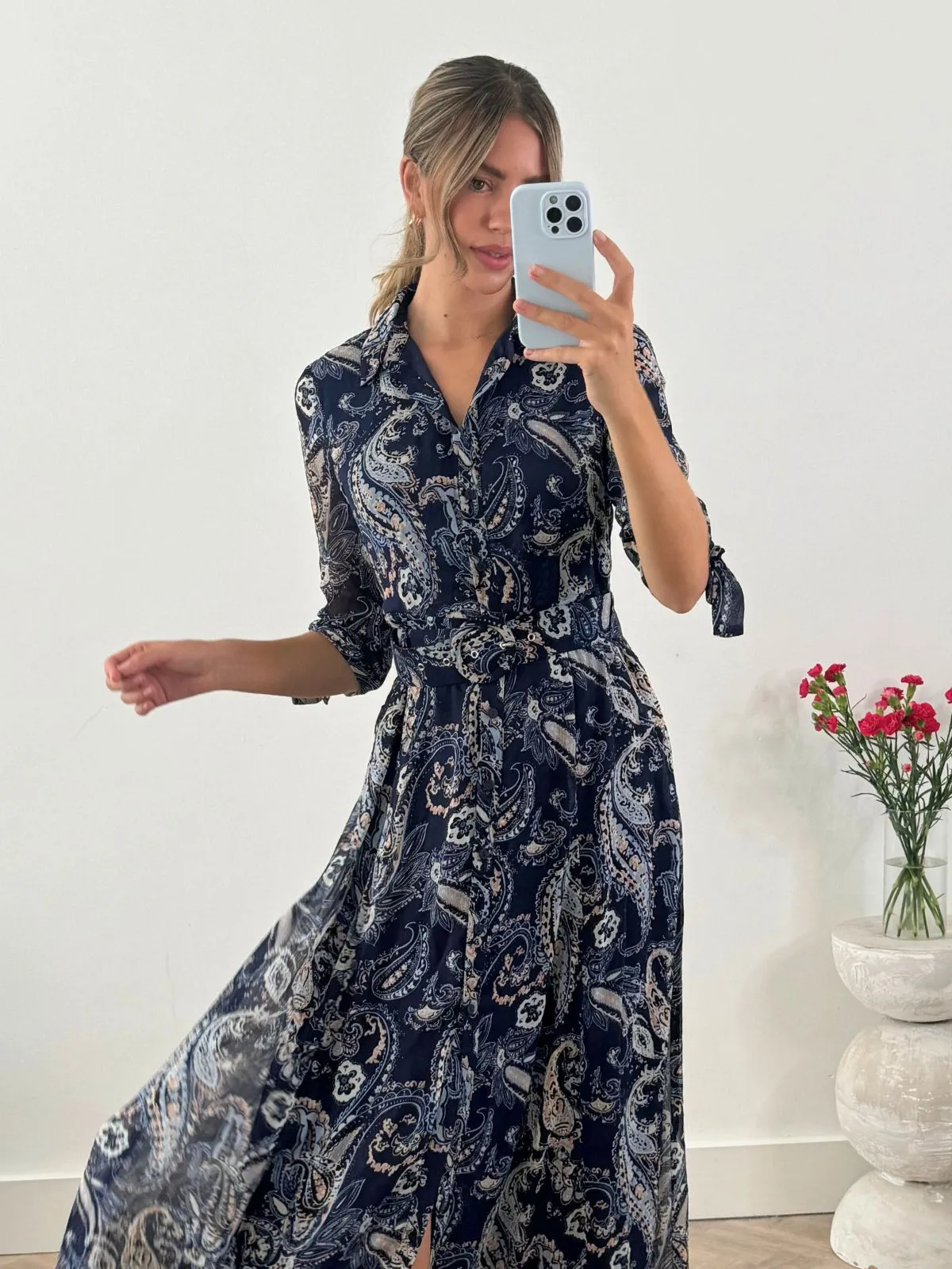 Daphne Belted Shirt Dress / Blue Paisley Thermal-Lined