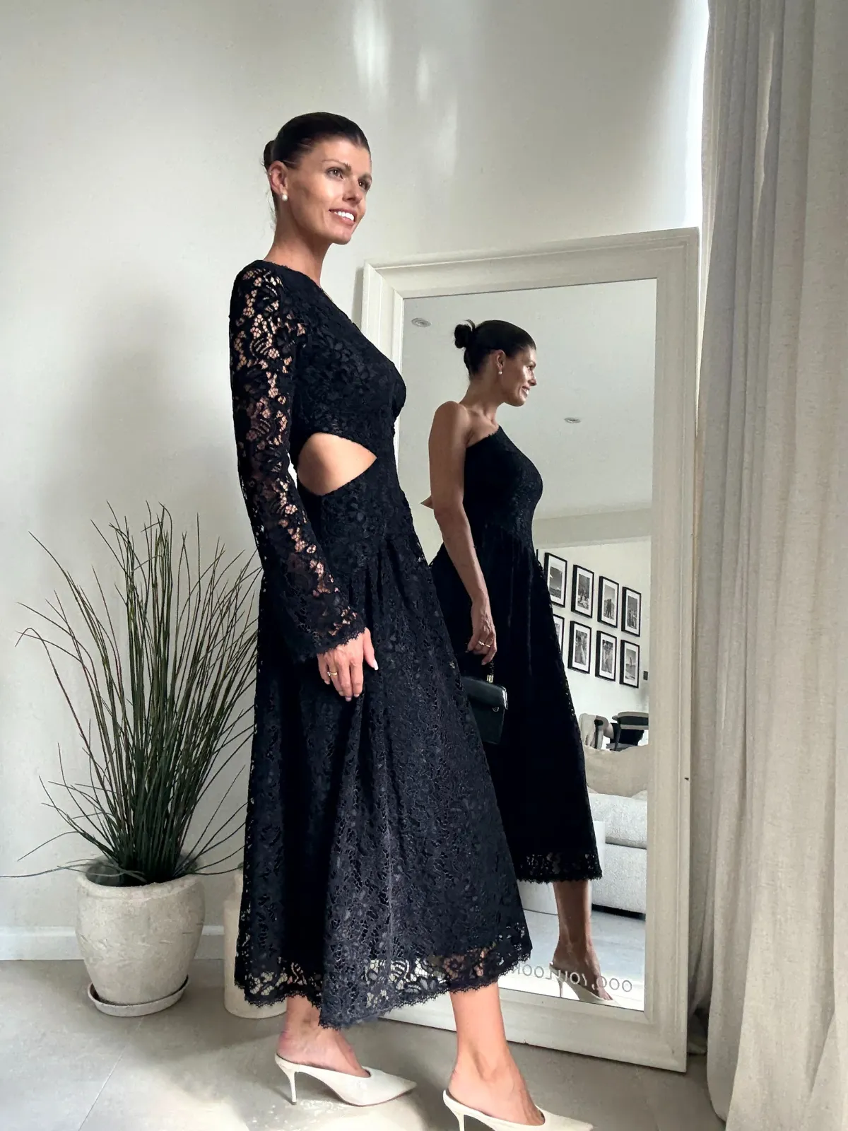 Walk Grace Jasmine Cut Out One Shoulder Dress in Black Lace