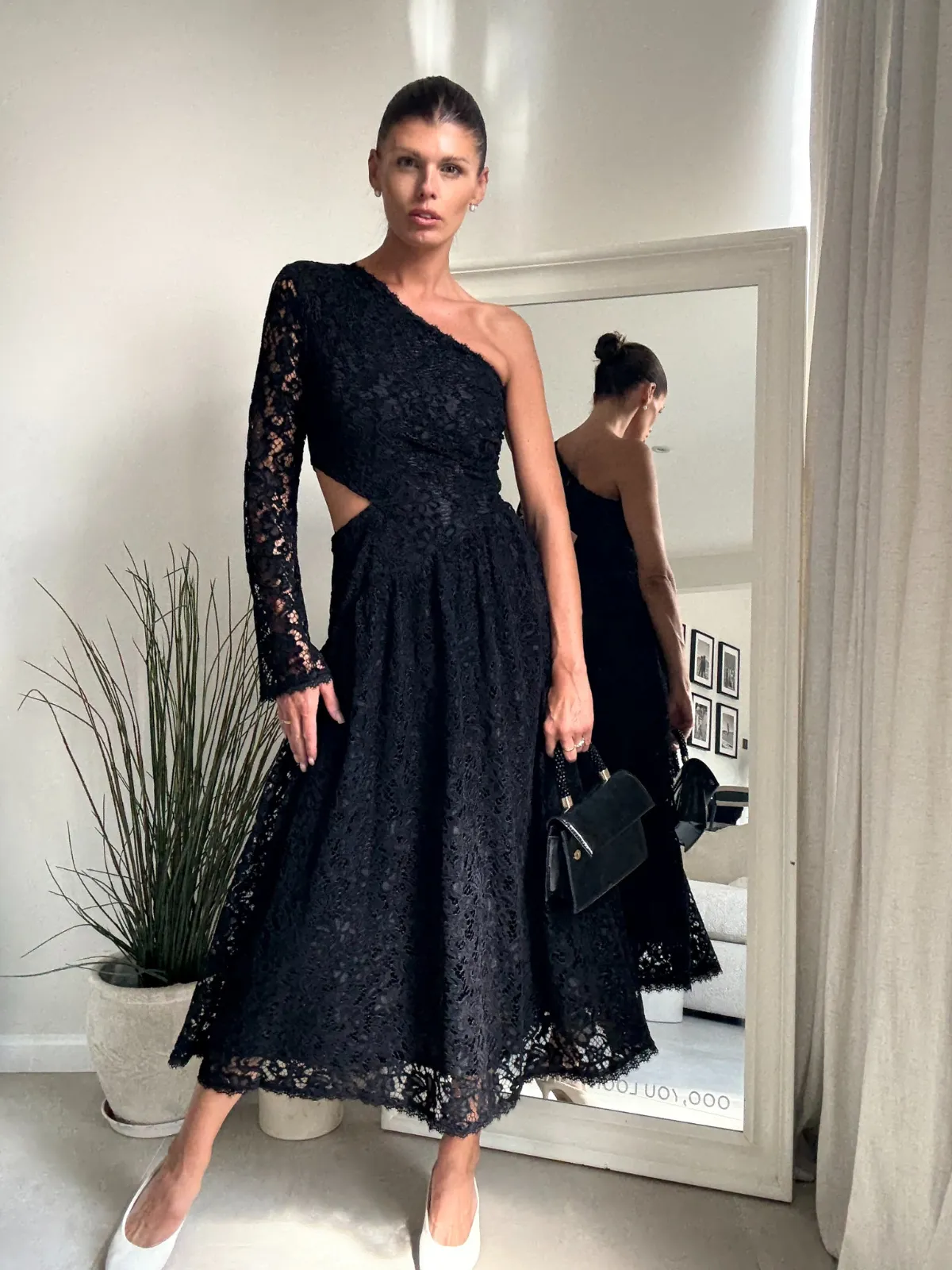 Jasmine Cut Out One Shoulder Dress in Black Lace Vibrant Light