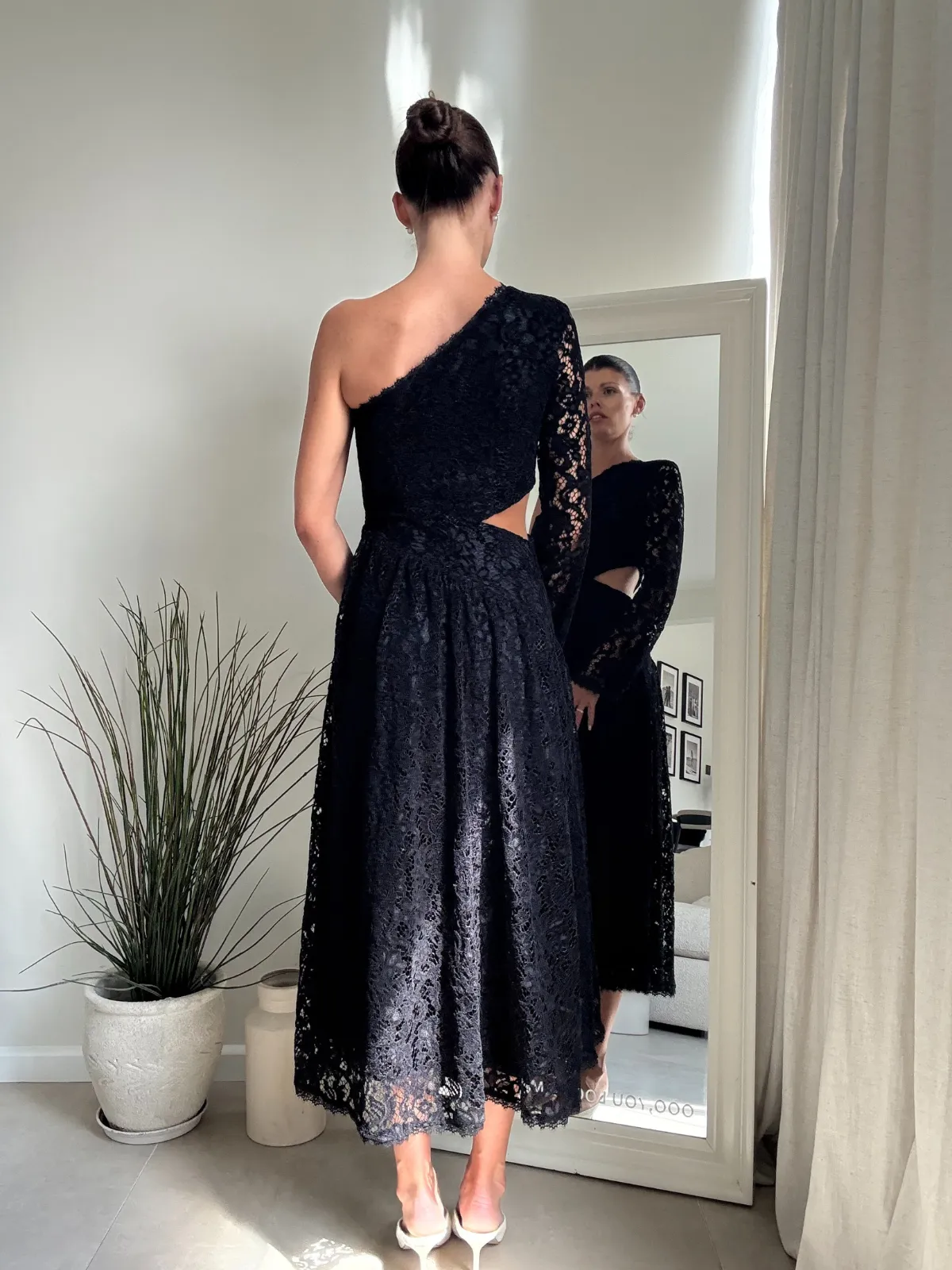 Trend Fit Jasmine Cut Out One Shoulder Dress in Black Lace