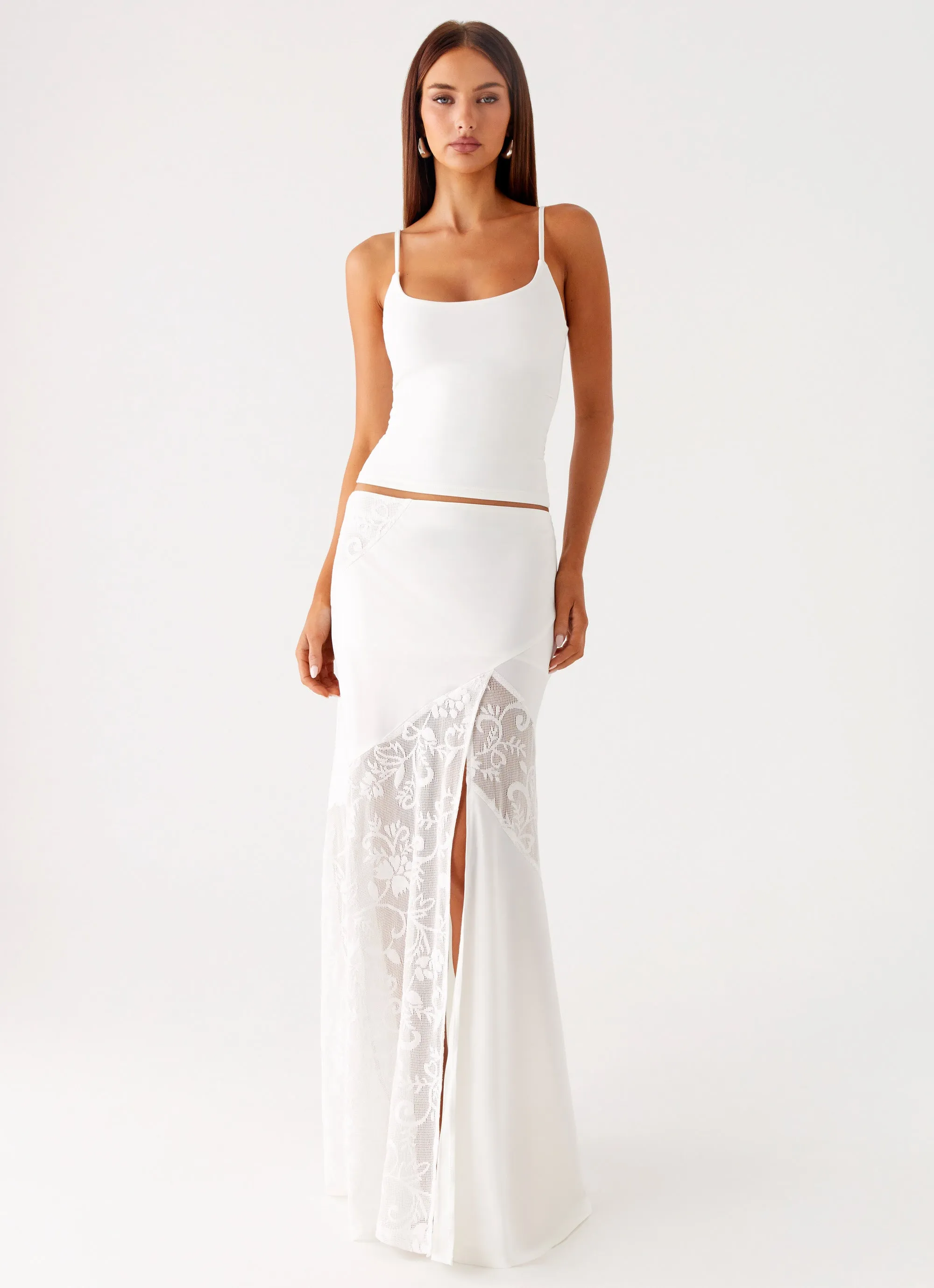 Adjustable Hem Adjustable Ties Dasie Lace Maxi Skirt - White