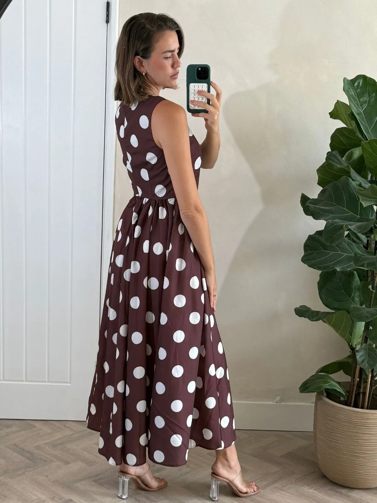 Davica Chocolate Brown and Cream Polka Dot Midi Dress Summer Ease Summer Wardrobe