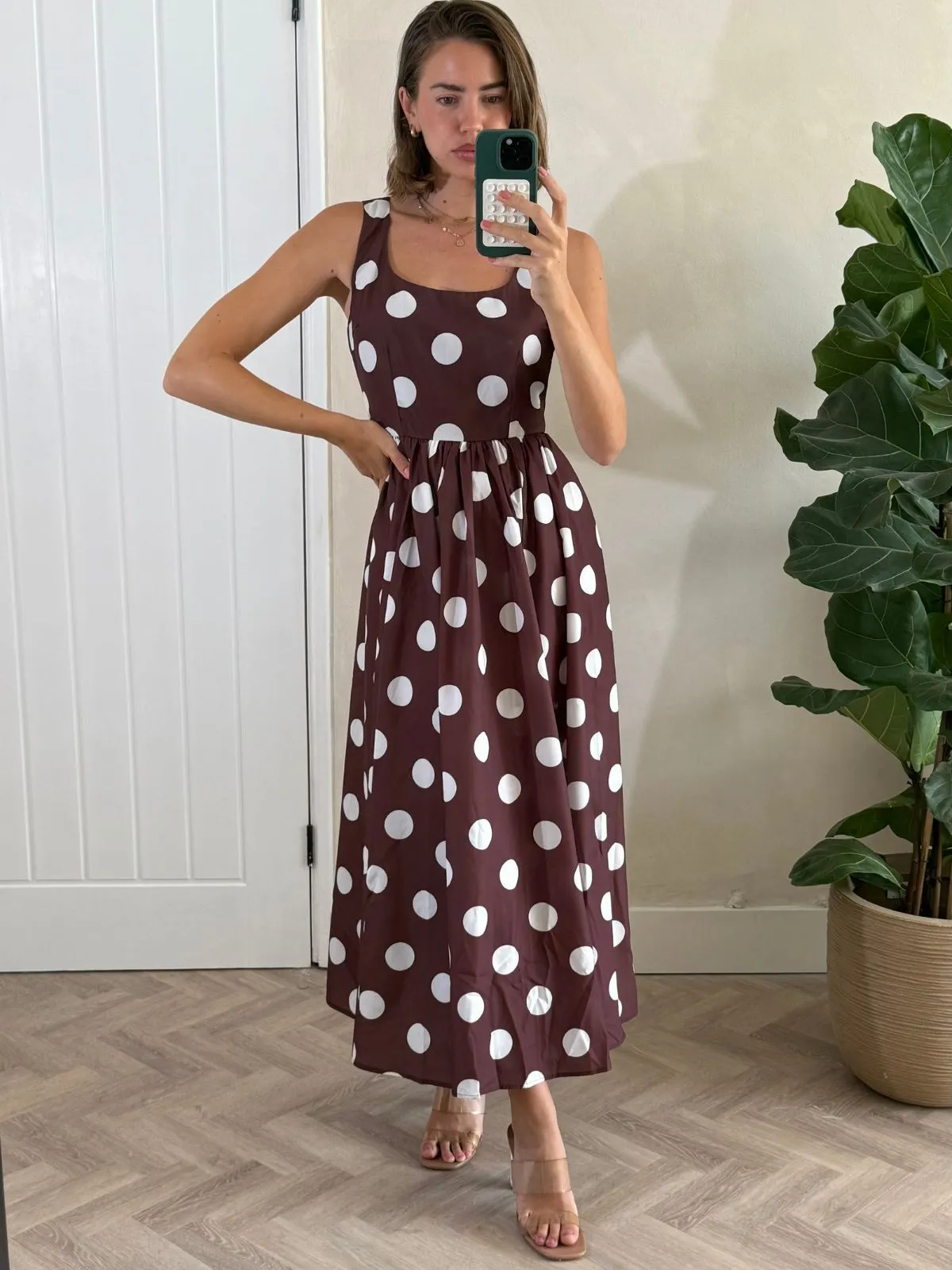 Silk Shine Davica Chocolate Brown and Cream Polka Dot Midi Dress