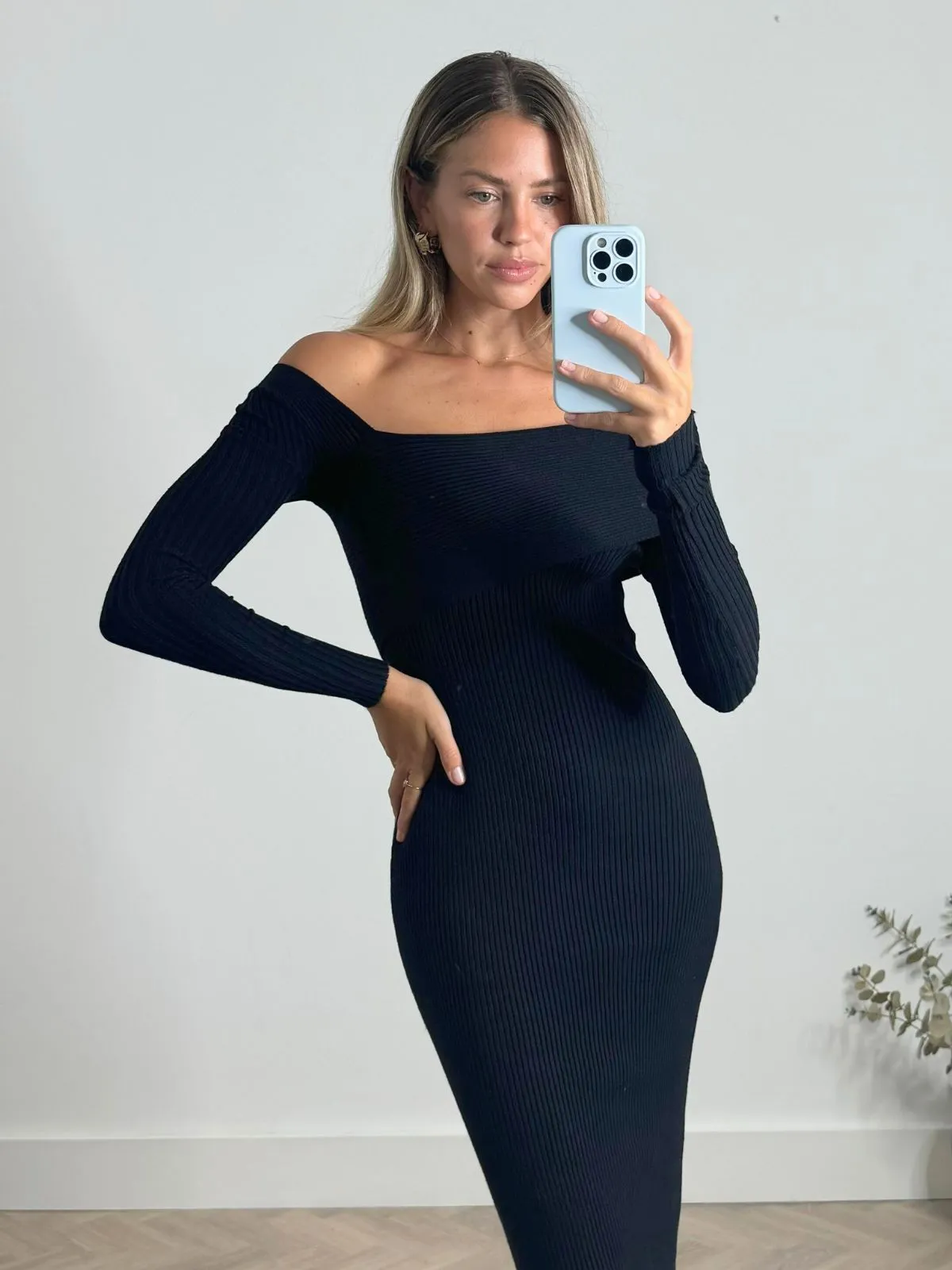 Polly Asymmetric Knitted Dress in Black Warm Base Stretch-Recovery