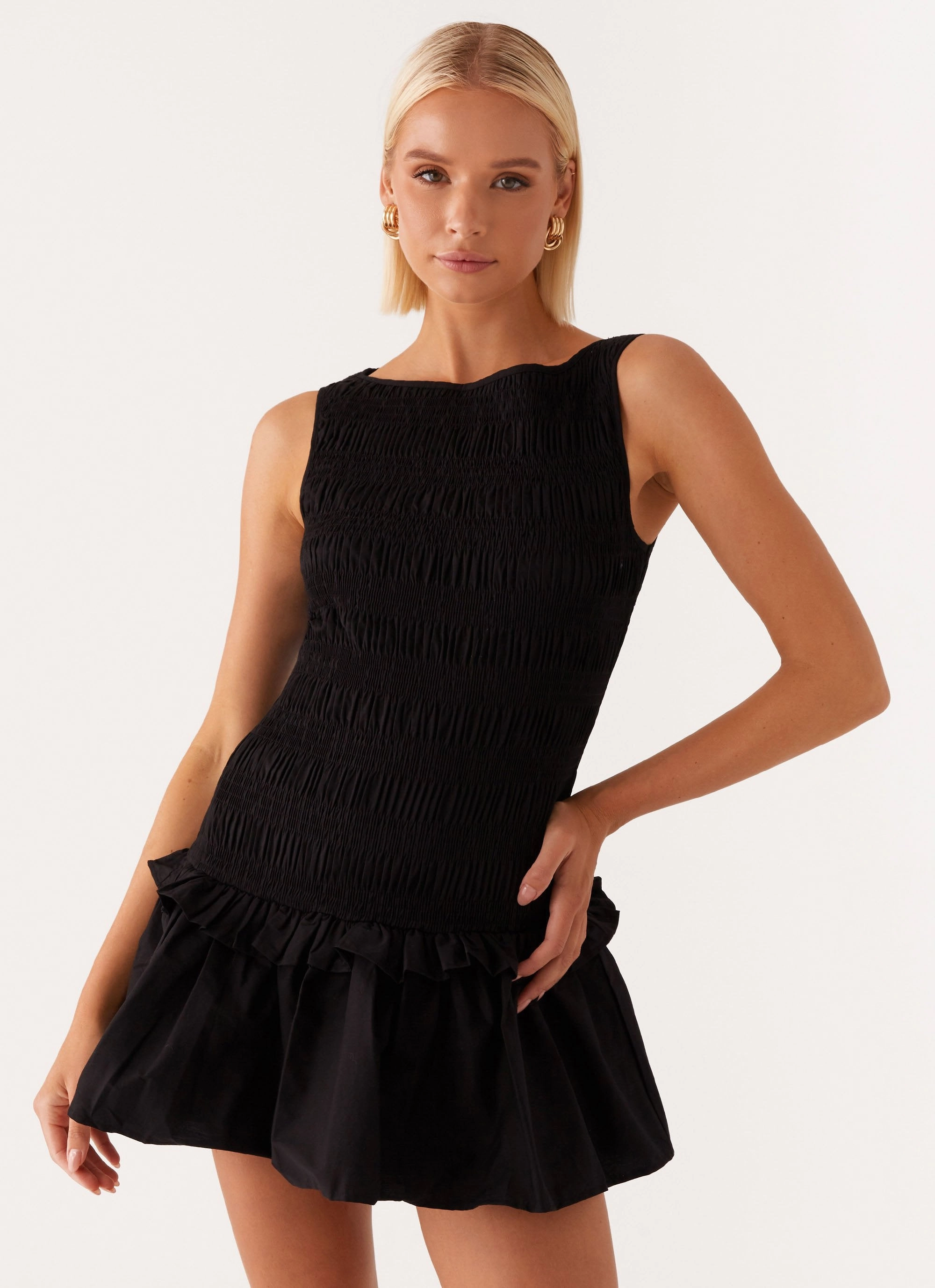 Flattering Design Wear Garden Kisses Shirred Mini Dress - Black