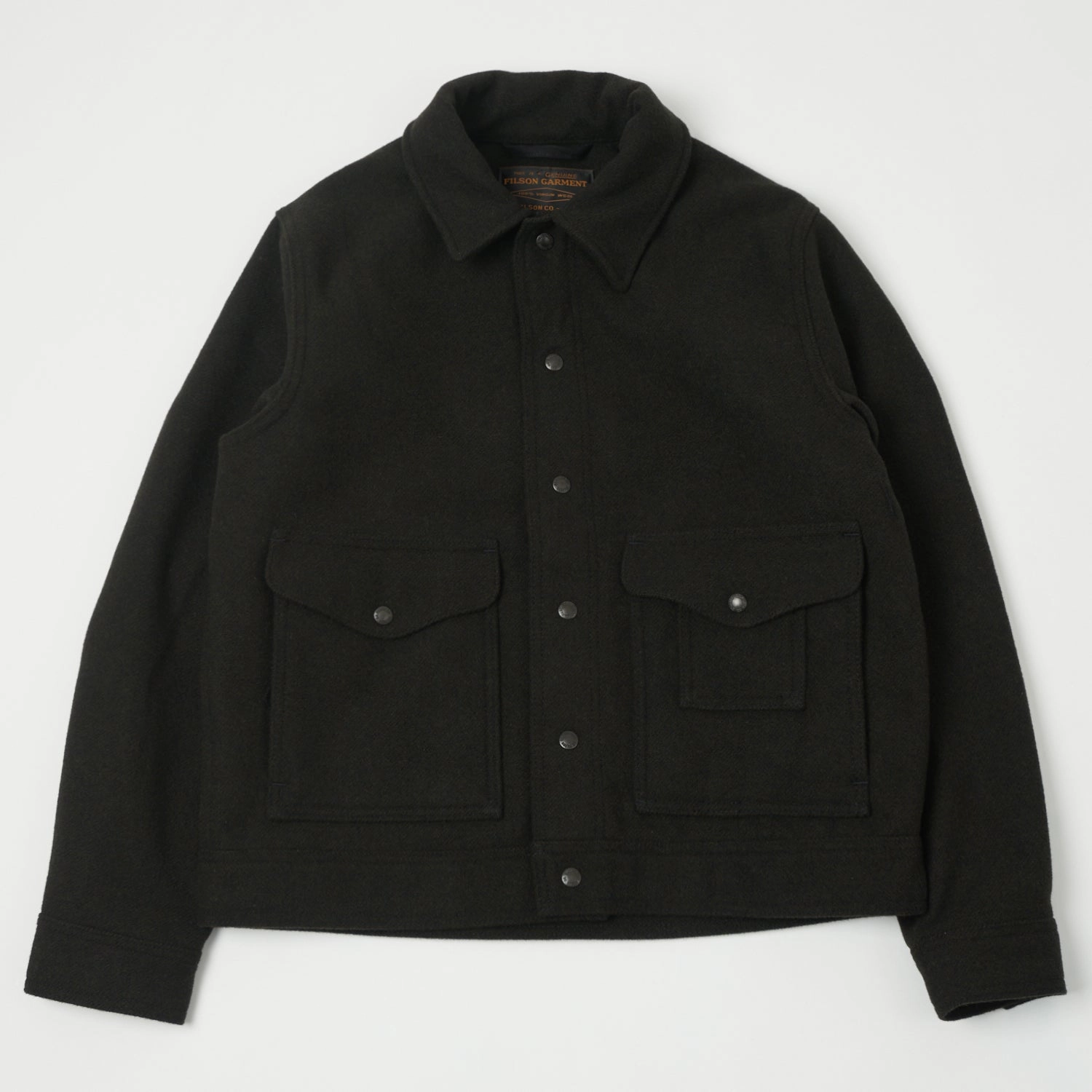 Extra Layer Piece Collar Stabilization System Filson Mackinaw Wool Work Jacket - Peat Black