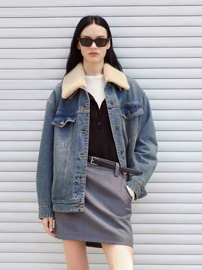 Houndstooth Print Detachable Collar Denim Jacket