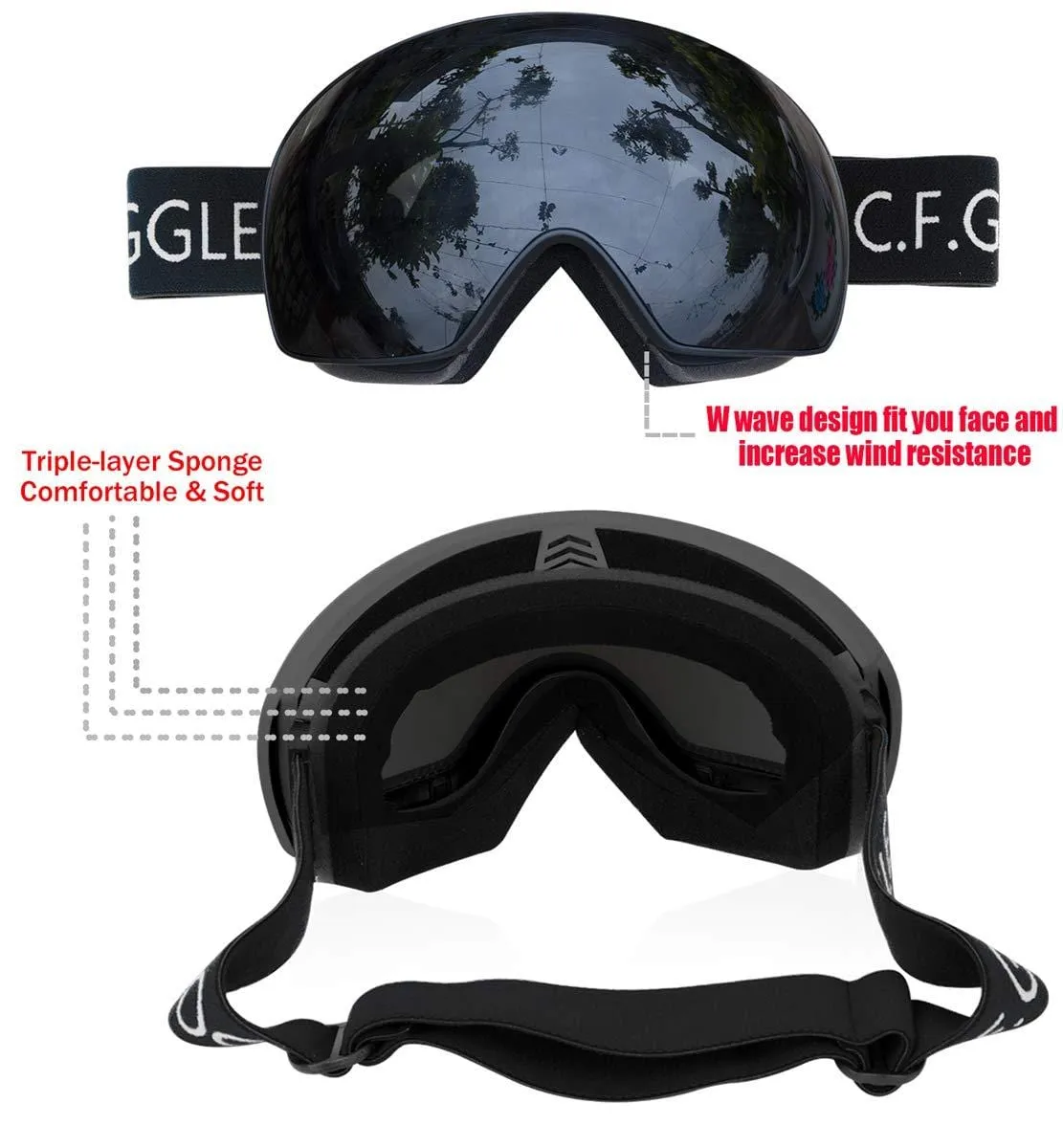 DODOING Ski Goggles, Winter Snow Sports Snowboard Goggles Over Glasses with Anti-Fog UV400 Protection Interchangeable Lens for Men Women & Youth Snowmobile Skiing Skating Eyewear