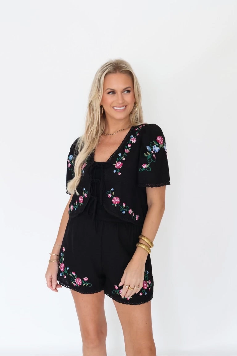 Dolly Embroidered Top - Black (Final Sale) TearResistantWeave