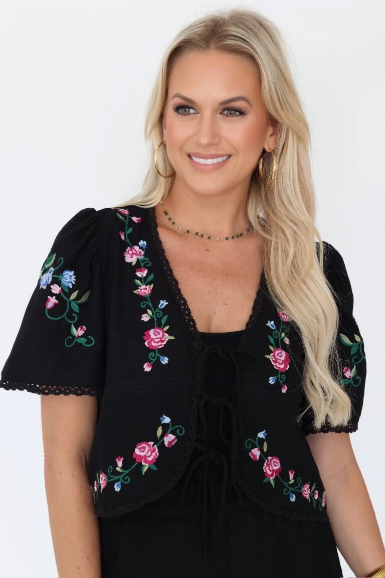 Relaxed Tank Dolly Embroidered Top - Black (Final Sale)