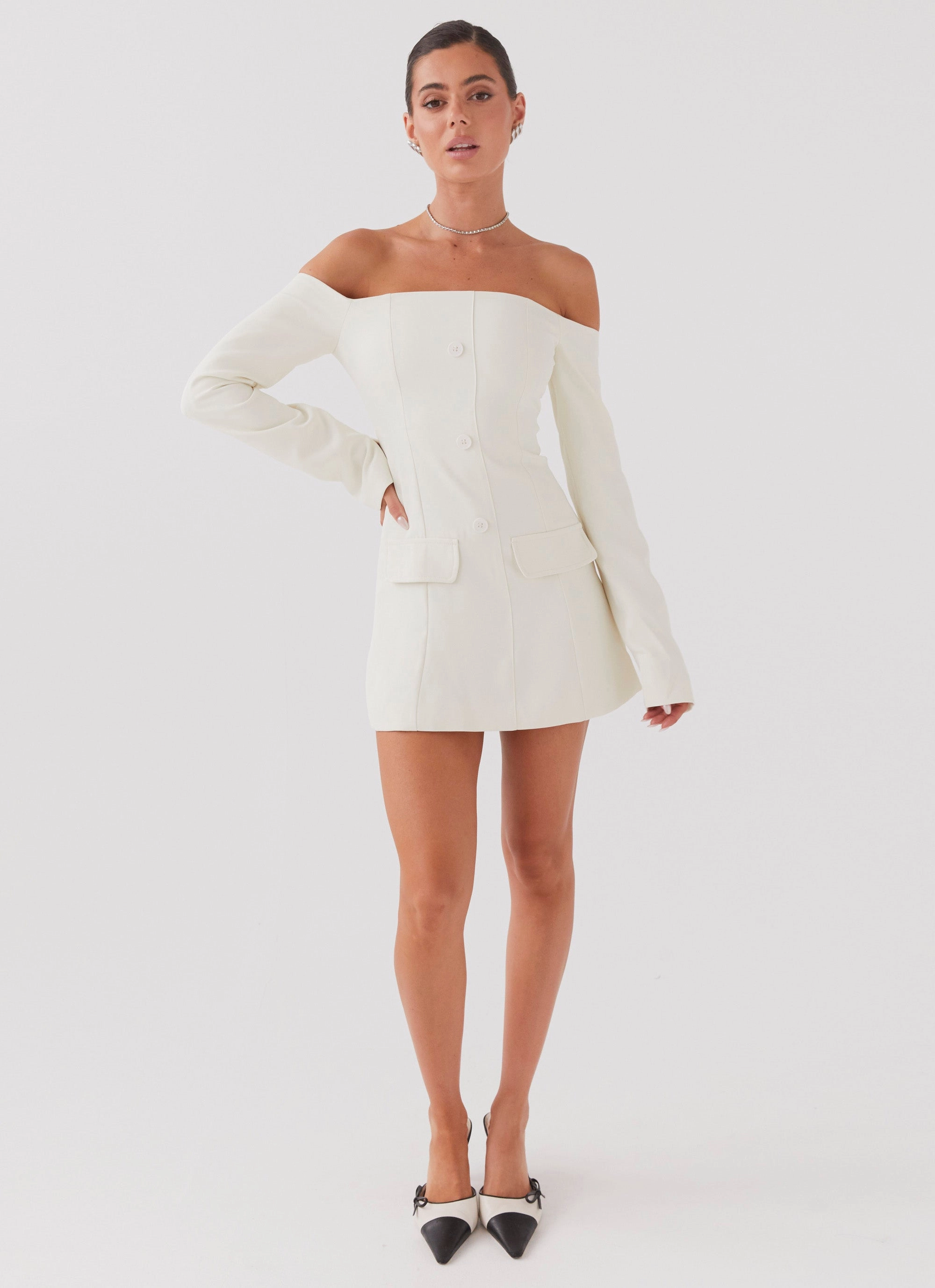 Dominique Blazer Mini Dress - Ivory Pleated-Skirt Sophisticated Tailoring
