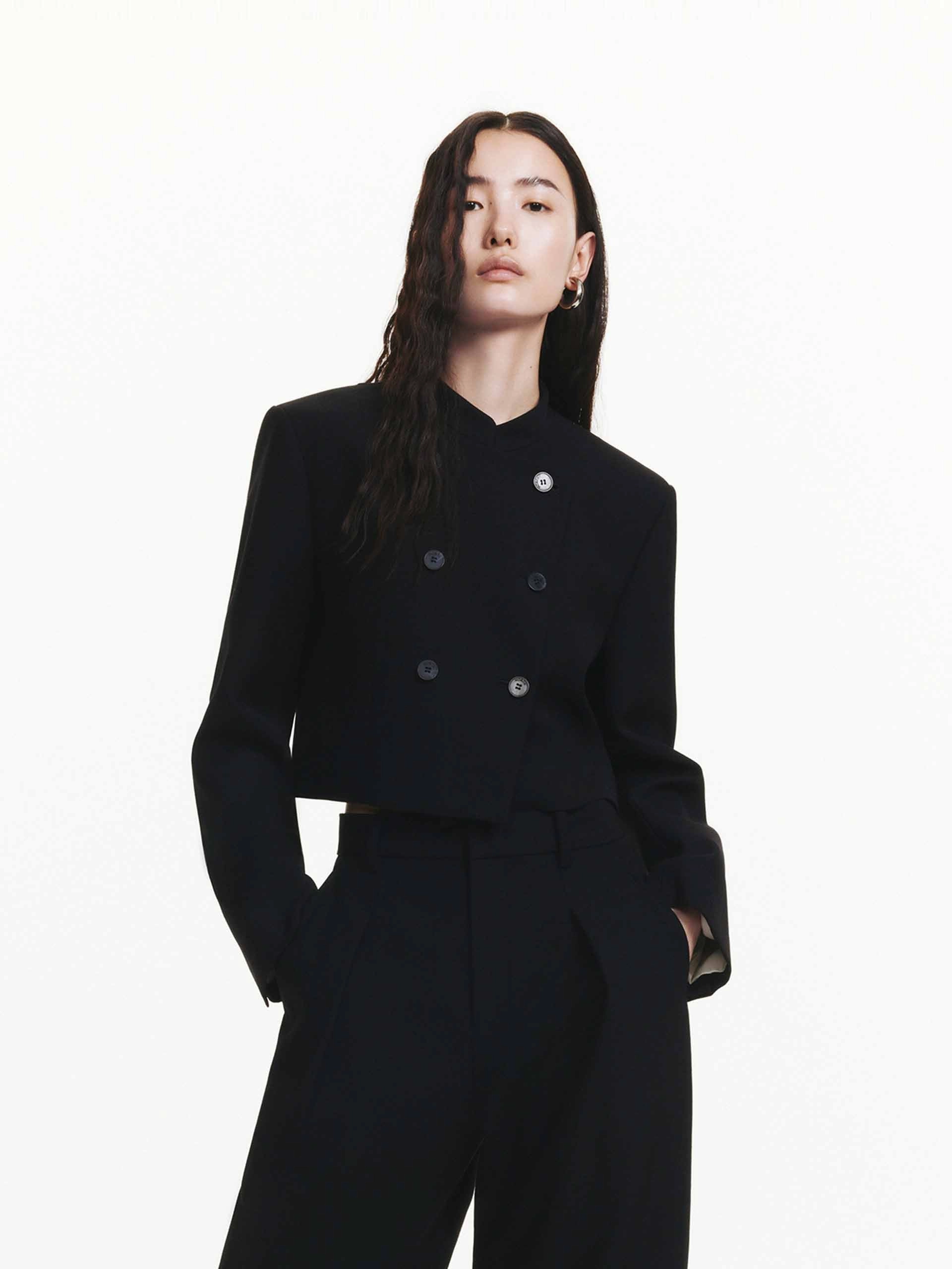 Double Breasted Crop Jacket Temperature Balancing Layer Checkered Style