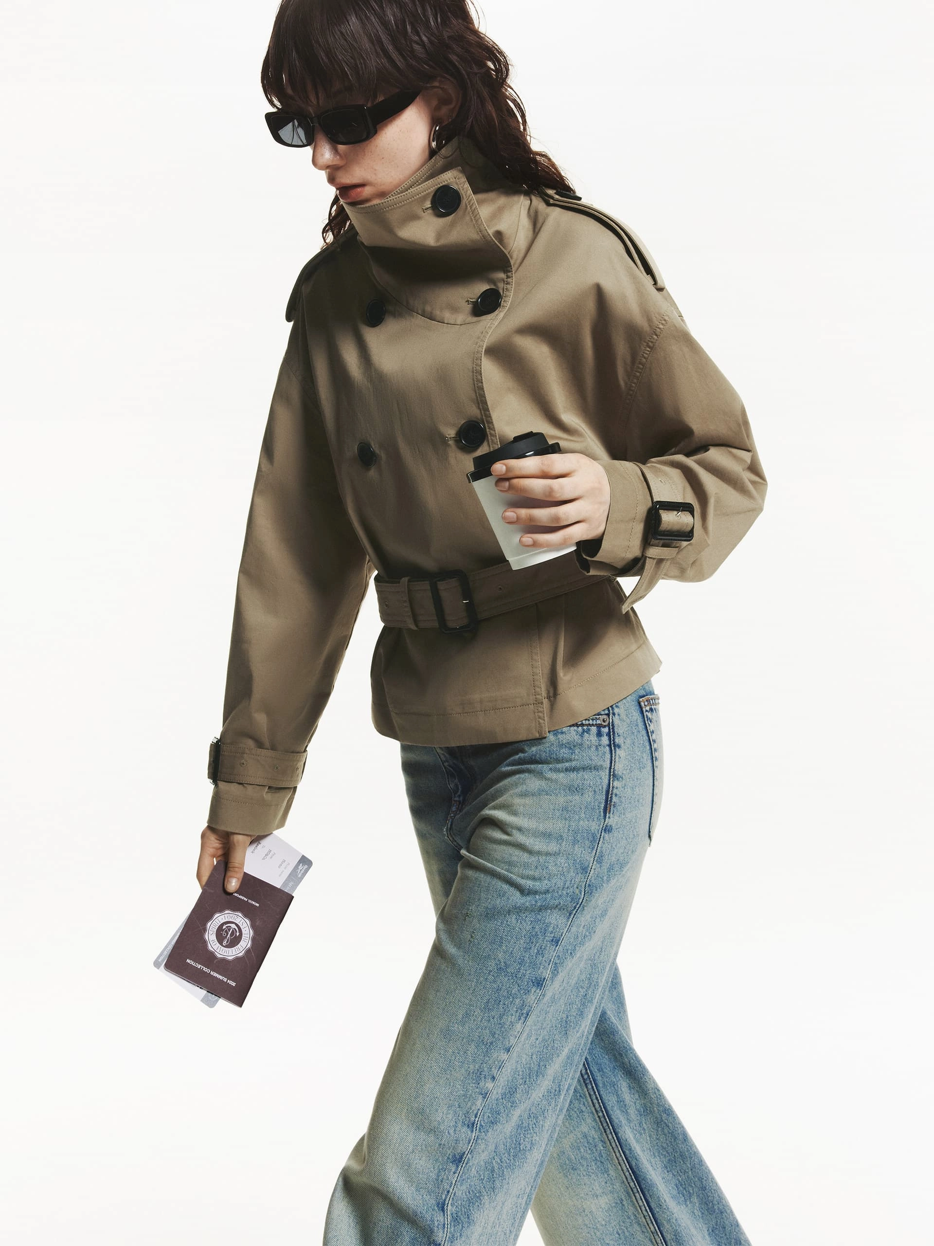 Cropped Cotton Trench Coat Ergonomic Silhouette Multi Pocket Functionality