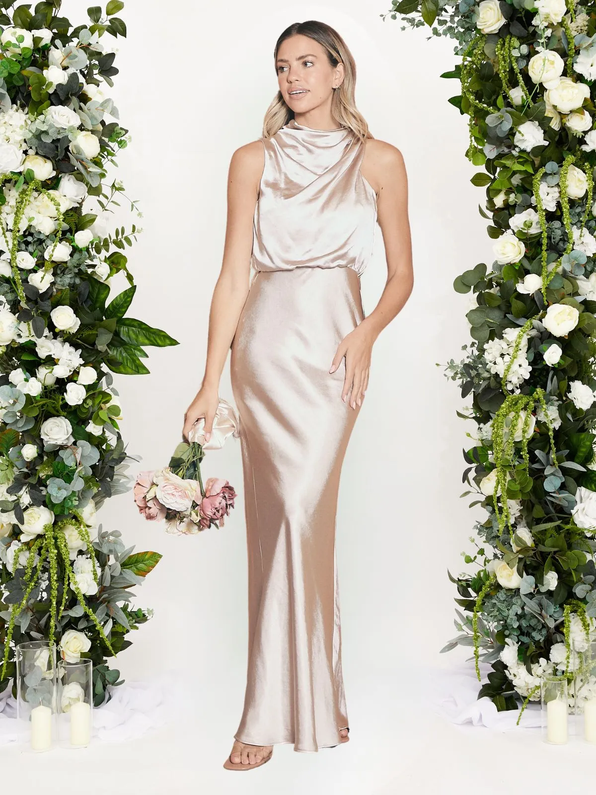 Soft Layers Gentle Shine Drape Neck Maxi Satin Dress / Champagne