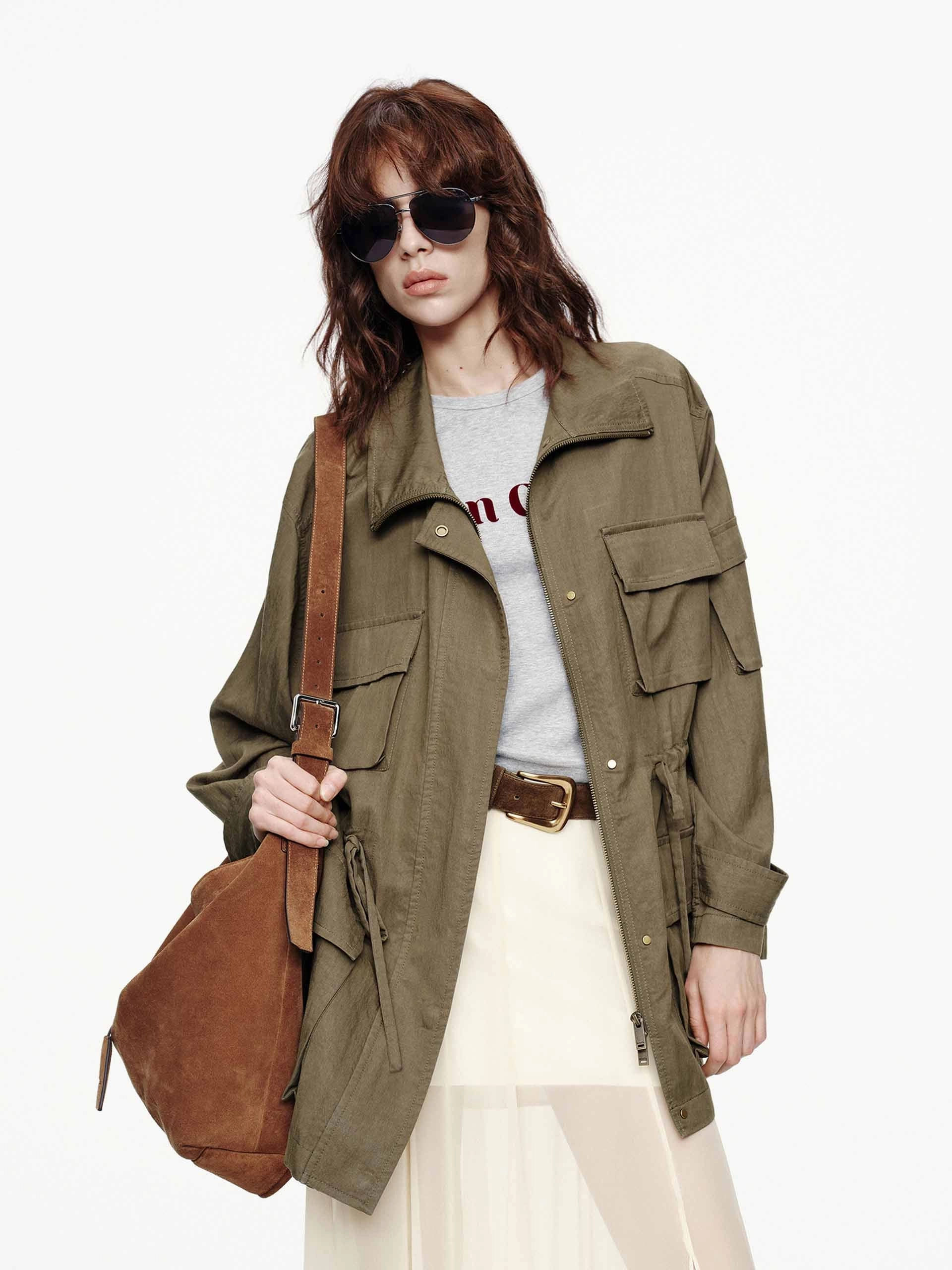 Drop Tail Hem Drawstring Cargo Coat