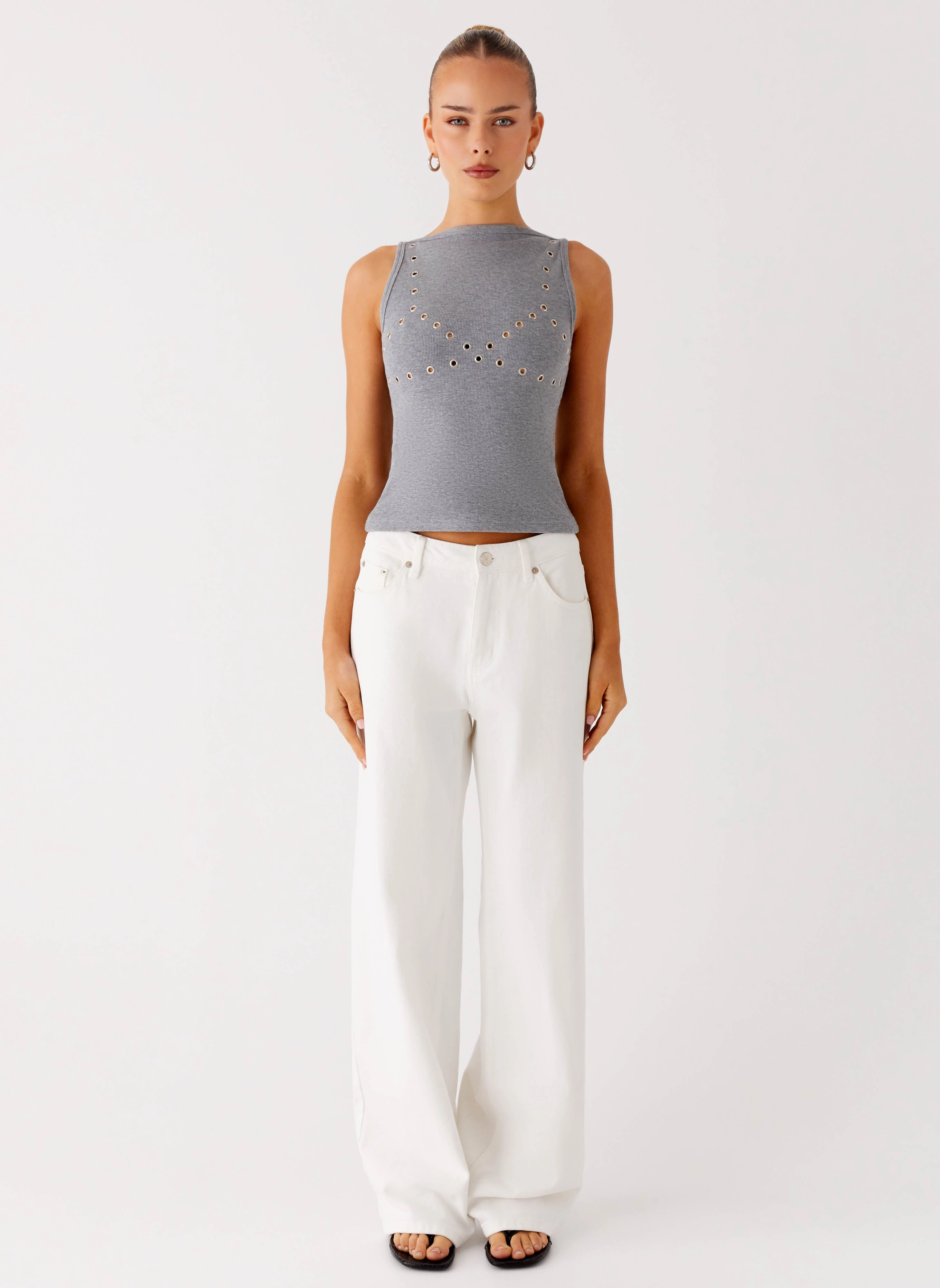 Drop Top Ribbed Eyelet Tank Top - Marle Grey QuickDry Technology