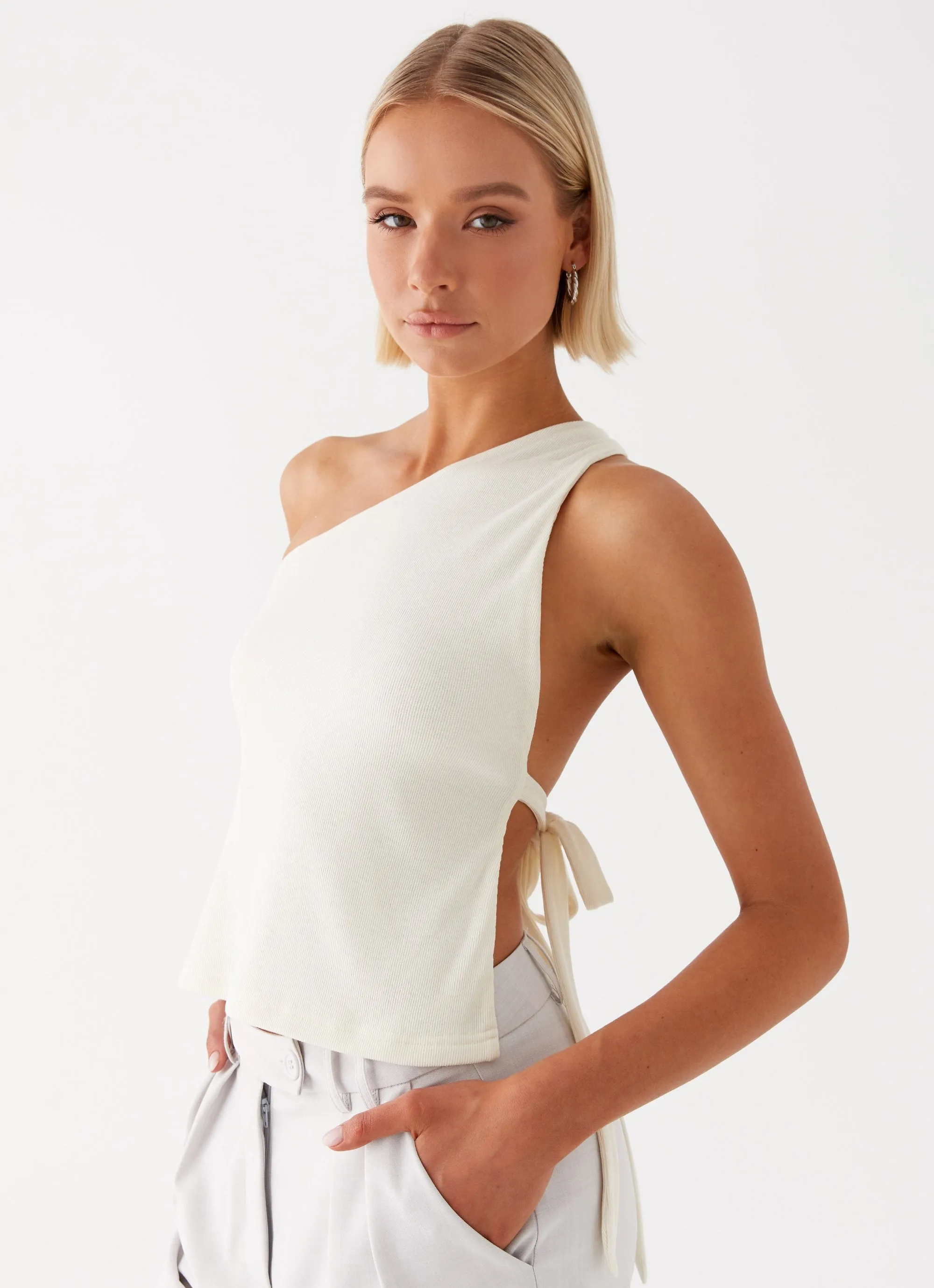 Low Profile Waistband Integration Ribbed Hemline Safiya One Shoulder Top - White