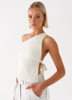 Low Profile Waistband Integration Ribbed Hemline Safiya One Shoulder Top - White