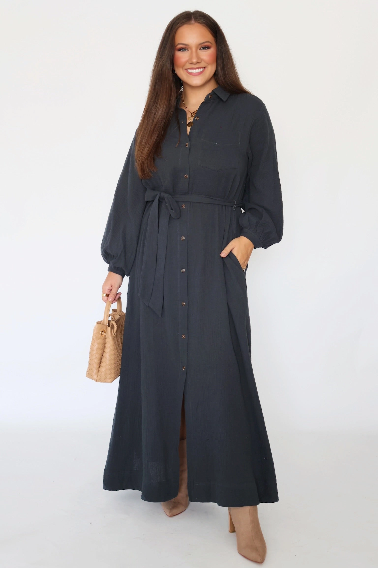 Falling For You Shirt Dress - Ash (FINAL SALE) HiddenStoragePocket