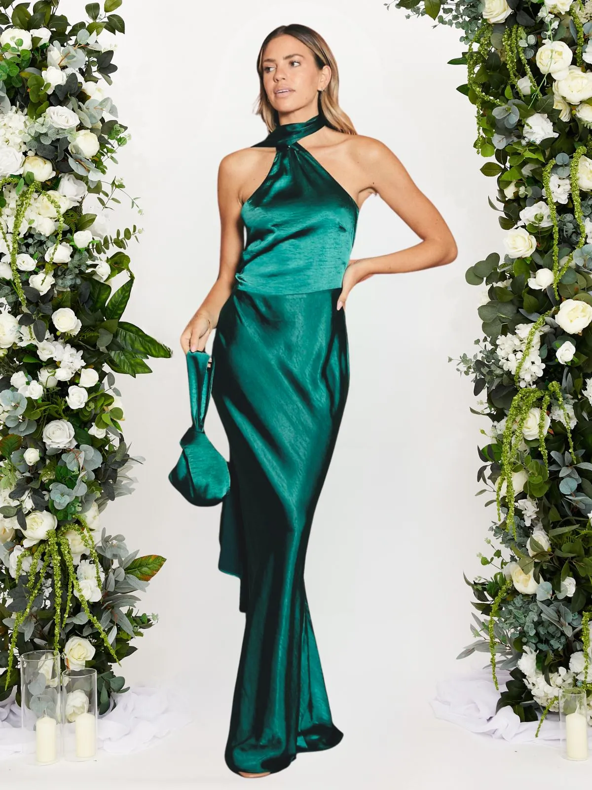 Asymmetric Scarf Satin Maxi Dress / Emerald Green Sheer Look