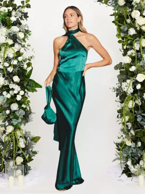 Asymmetric Scarf Satin Maxi Dress / Emerald Green Sheer Look