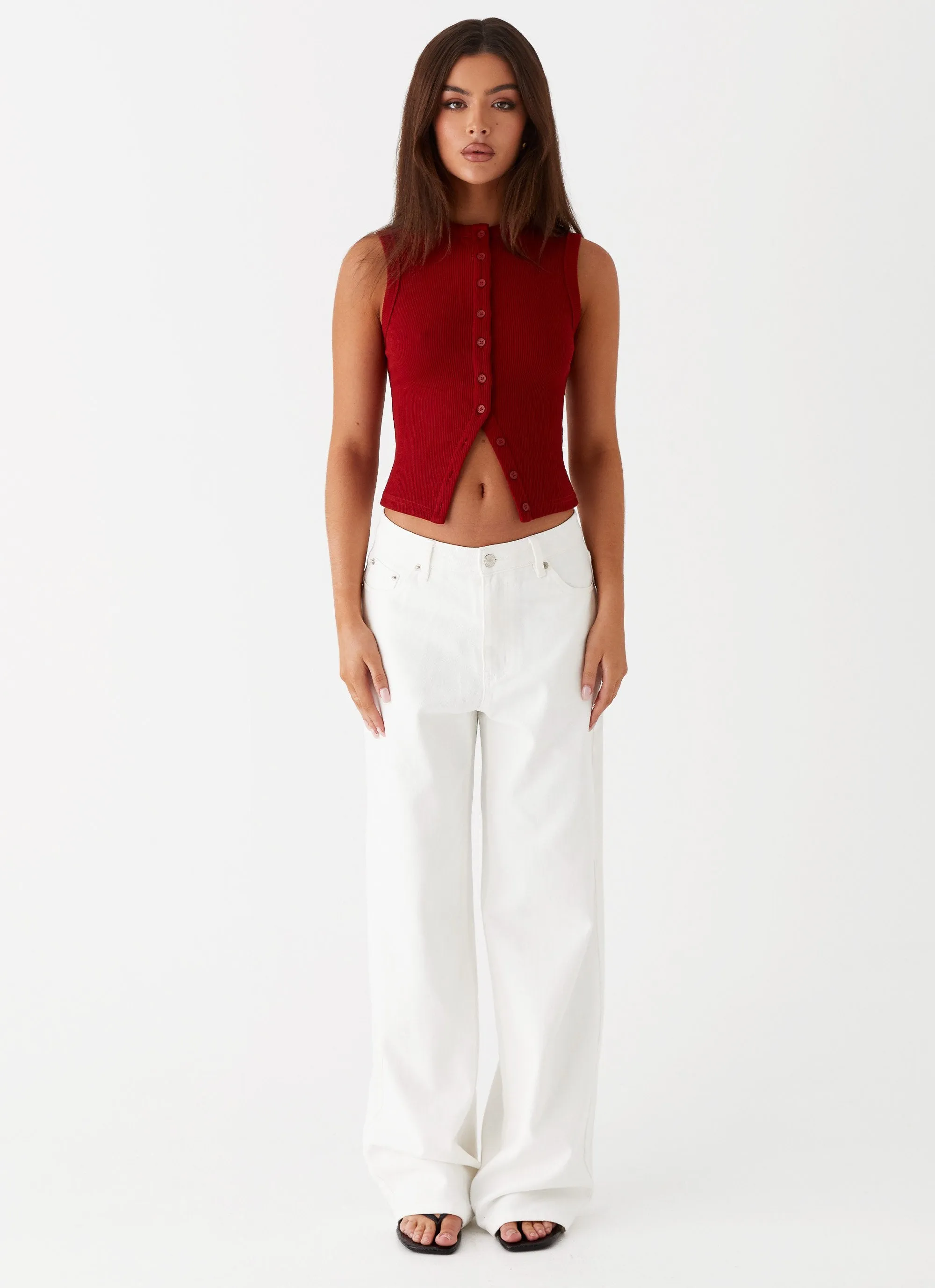 HighNeckCut Hidden Pocket Design Blair Buttoned Tank Top - Ribbed Knit