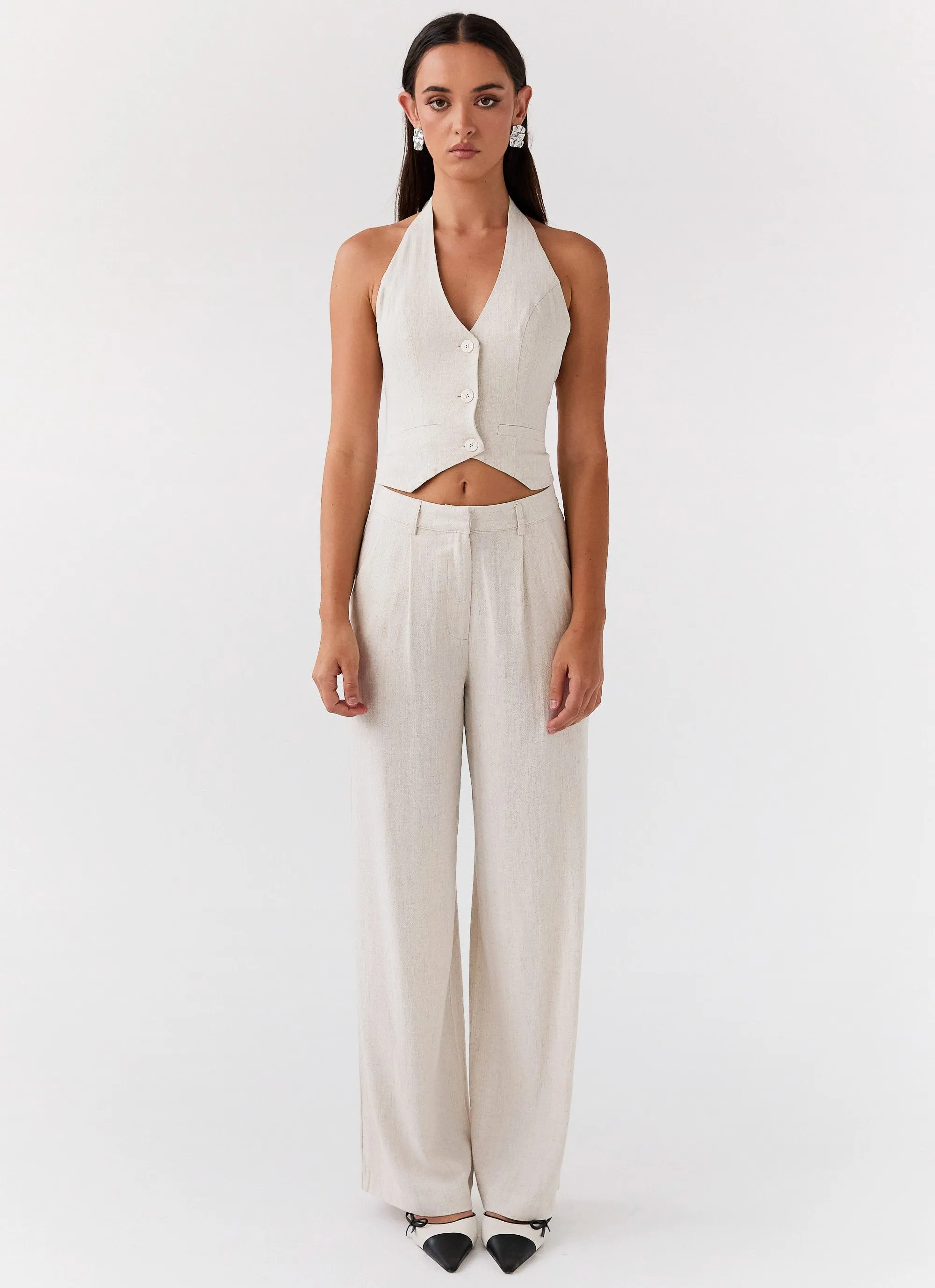 Oversized Silhouette Ambrosa Halterneck Linen Vest - Oatmeal