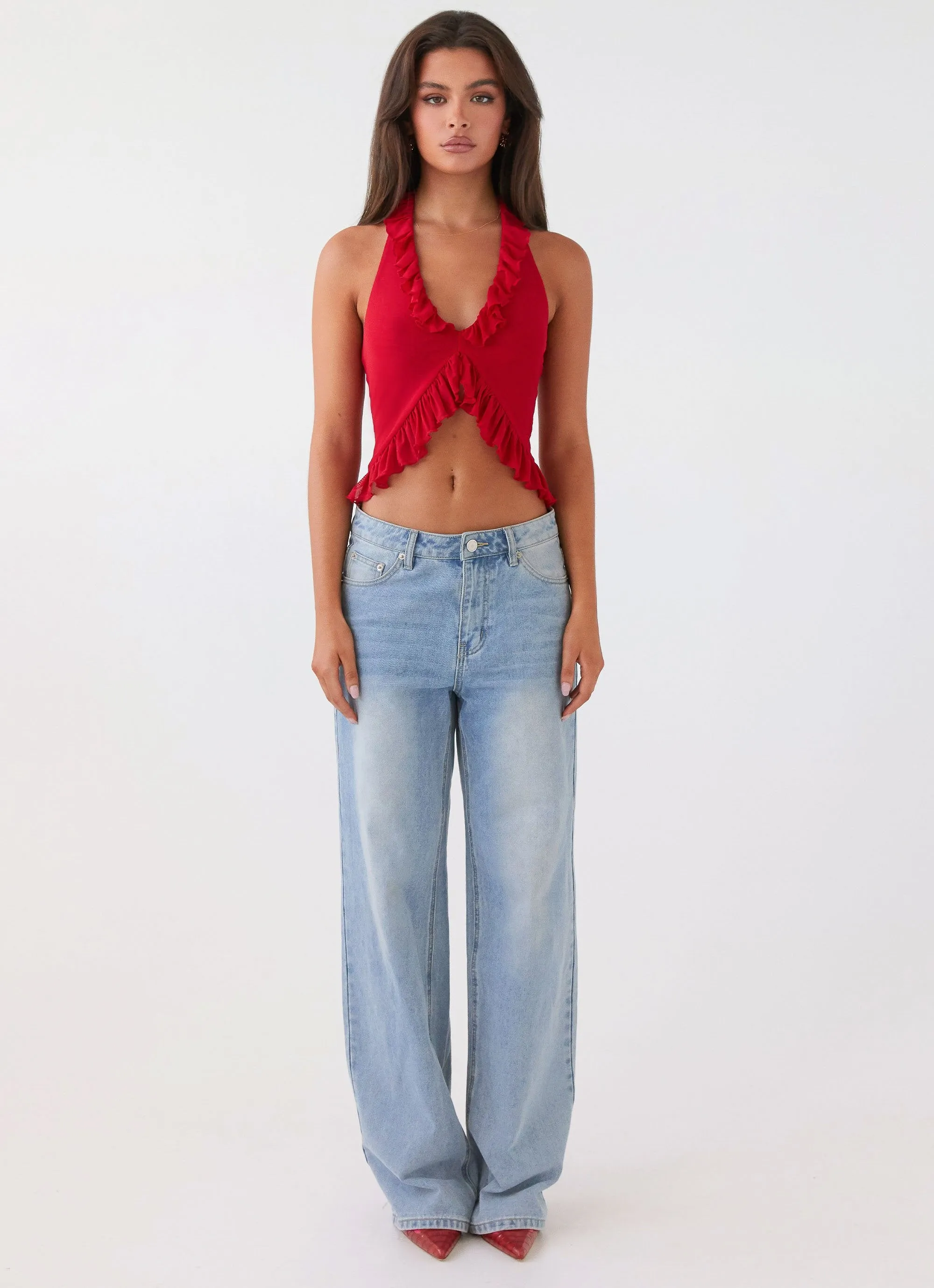 Hidden Zipper Pocket Tanya Mesh Frill Top - Red