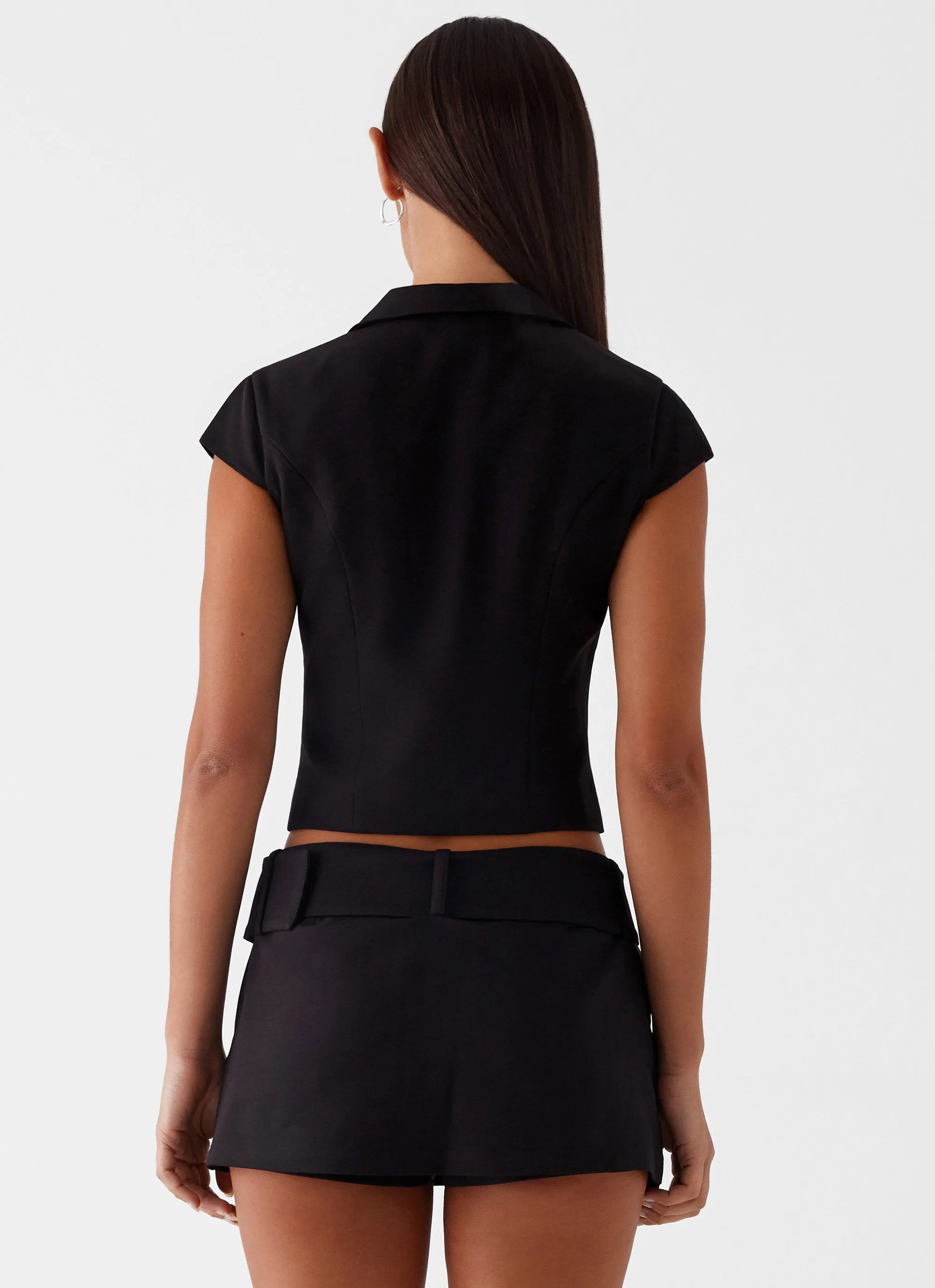 Eadie Tie Front Top - Black FourWay Stretch Fabric Reinforced Stitching