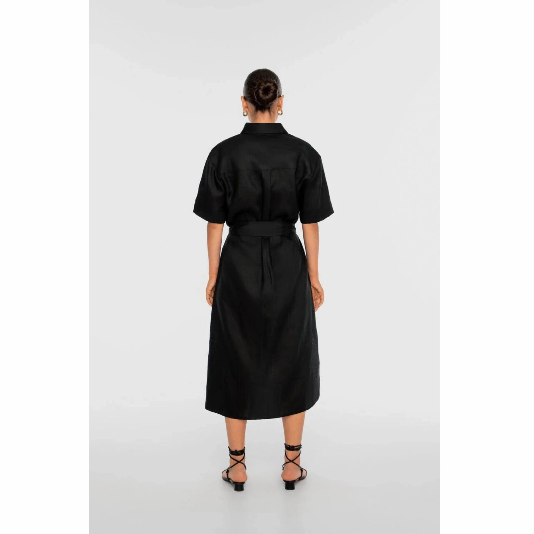 DAL THE LABEL Linen Midi Shirtdress, Black Timeless Waist Aura Glow