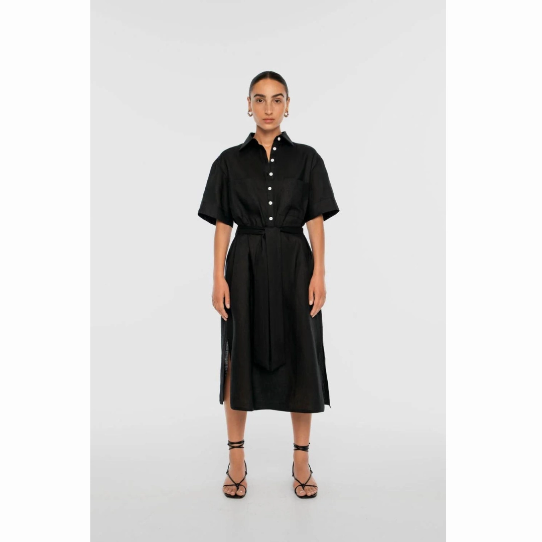 DAL THE LABEL Linen Midi Shirtdress, Black Chic and Elegant Textured Layers