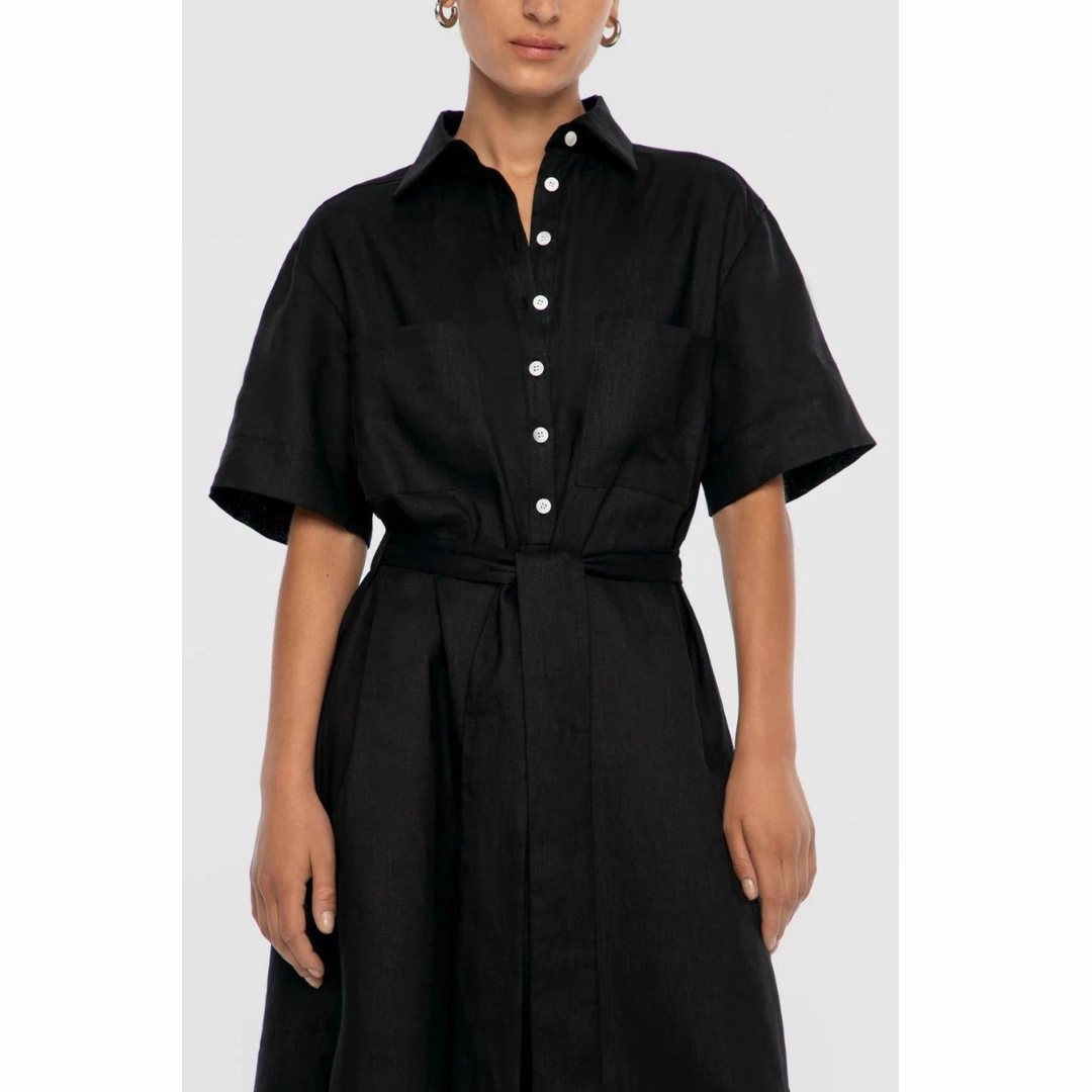 DAL THE LABEL Linen Midi Shirtdress, Black Stylish day dress Cool Finish