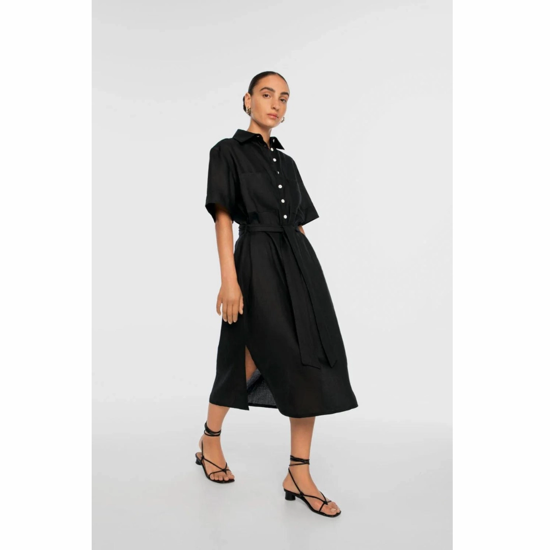 DAL THE LABEL Linen Midi Shirtdress, Black Urban Style ComfortFitDesign