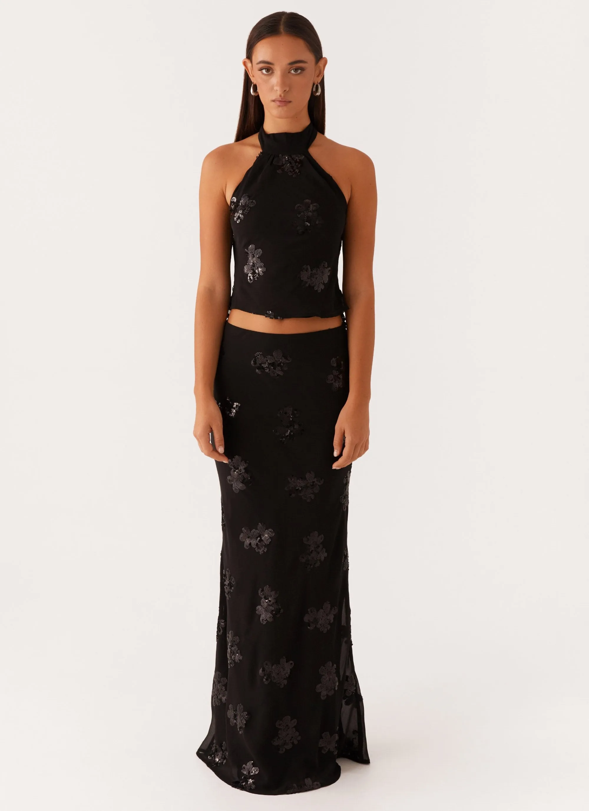 Only Girl Sequin Maxi Skirt - Black Split hem Retro Style