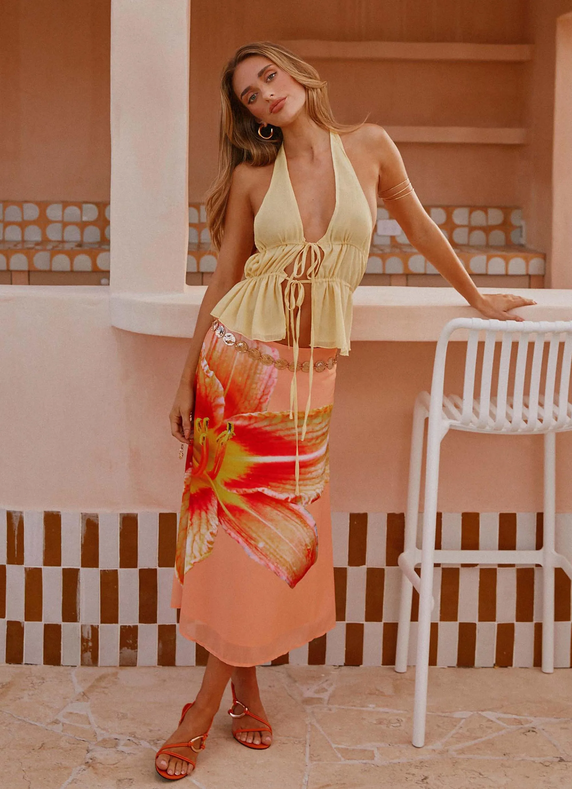 Non Irritating Edges Summertime Midi Skirt - Orange Floral