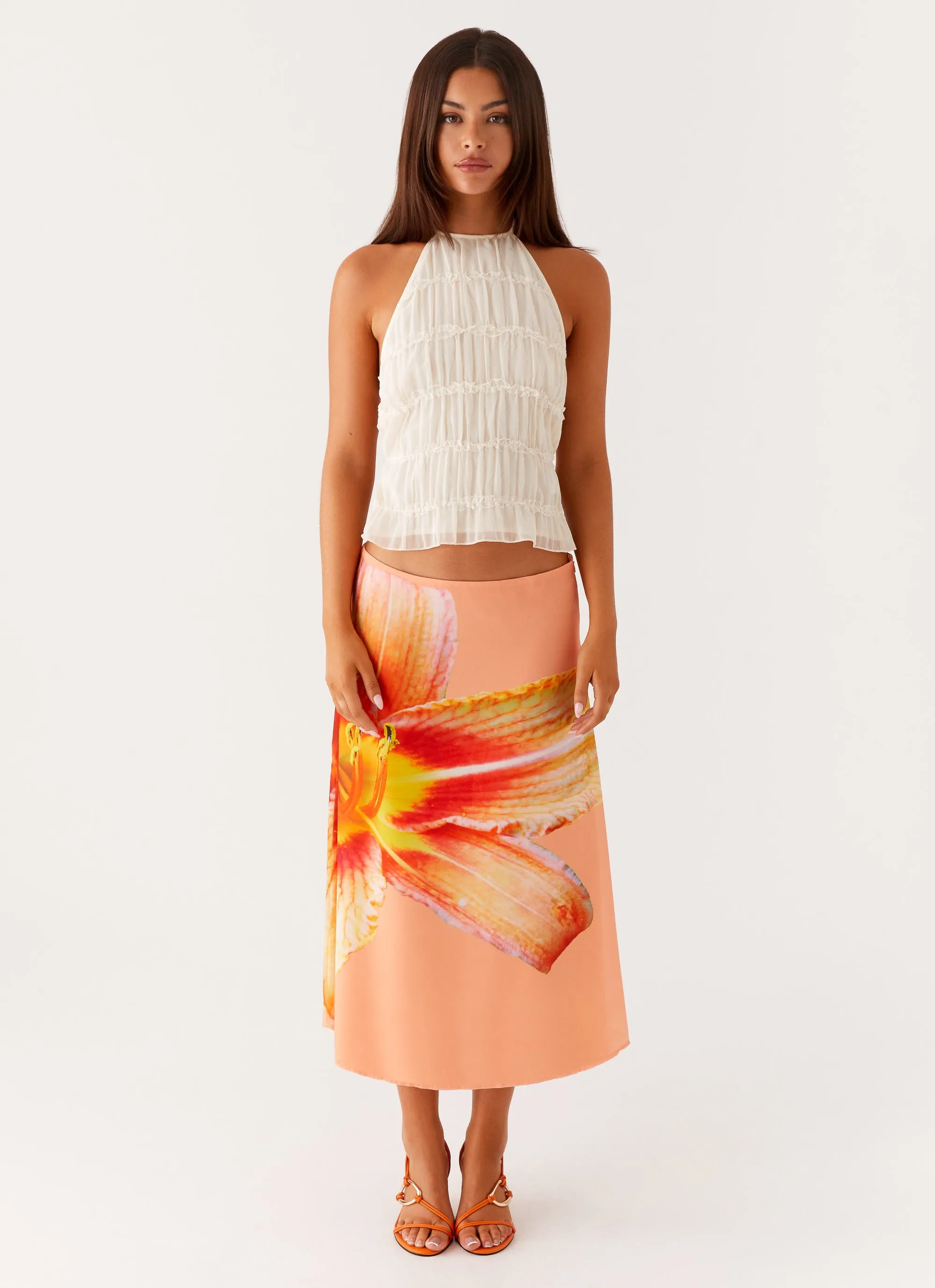 Modern Tones Laidback Mood Summertime Midi Skirt - Orange Floral