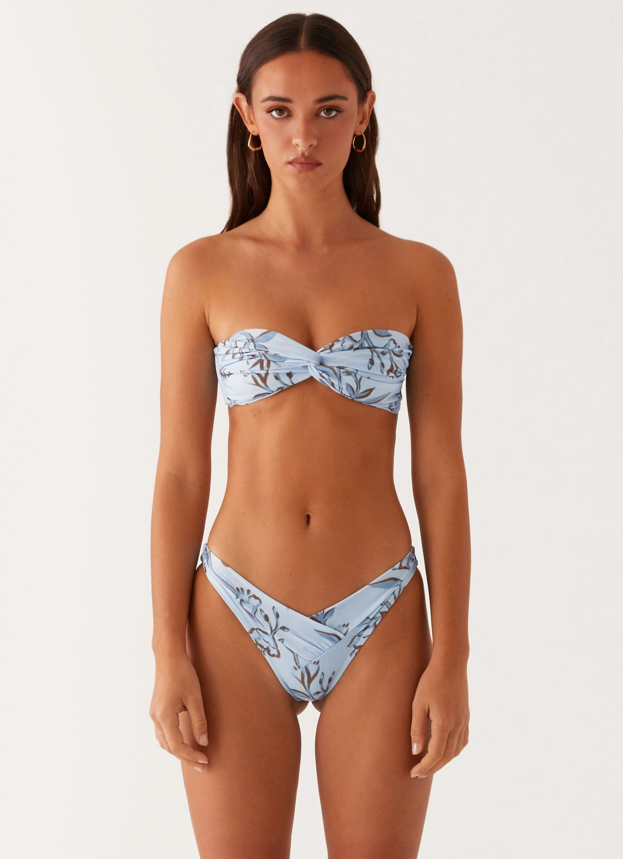 Compression Lock Hem Stretchable Fit Delta Bikini Bottoms - Blue Floral Print