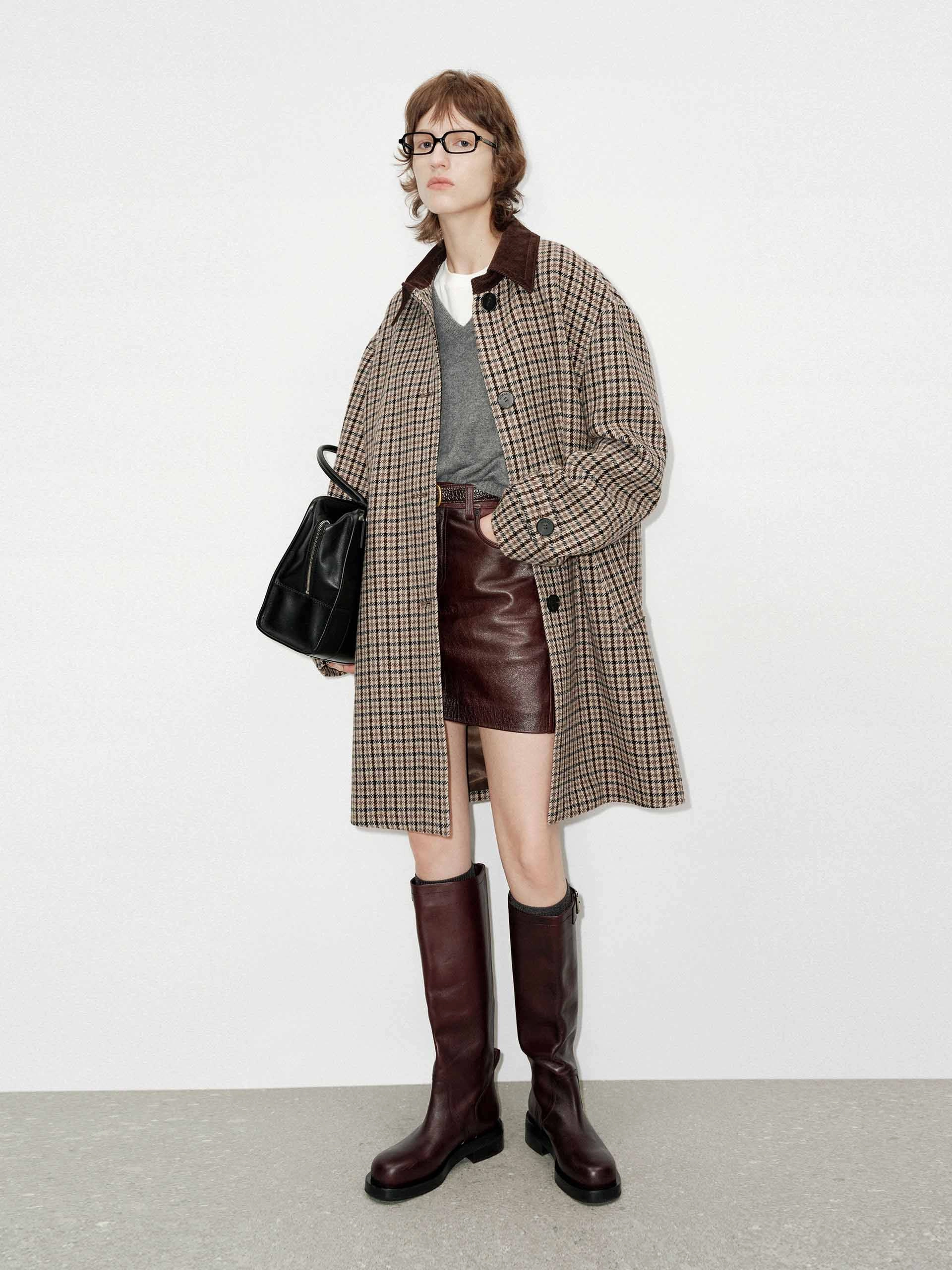 Houndstooth Wool Midi Coat Classic Zip Up