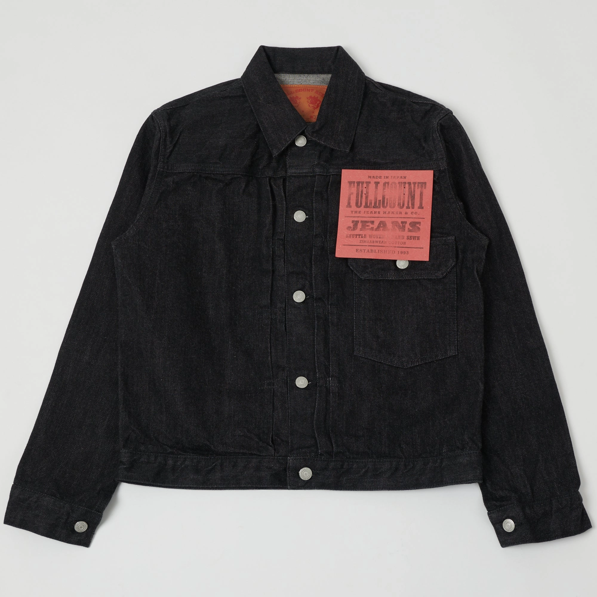 Full Count 2107 13.75oz Type I Denim Jacket - Black One Wash Frictionless Zipper Tracks