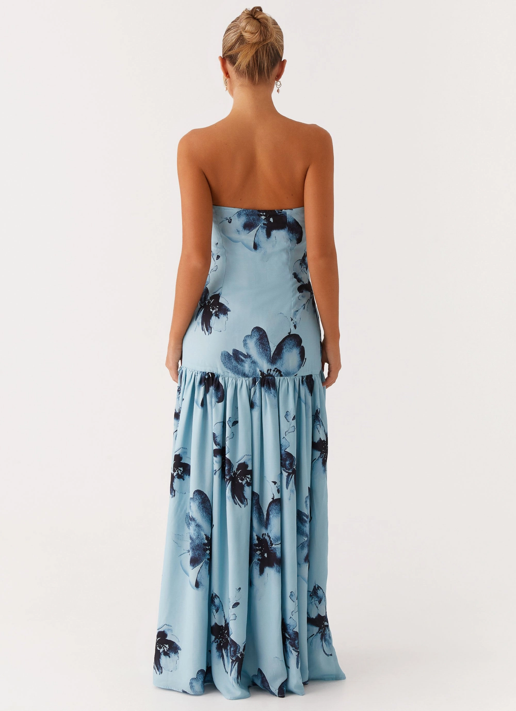 Eden Strapless Maxi Dress - Blue Black Floral Winter Wrap