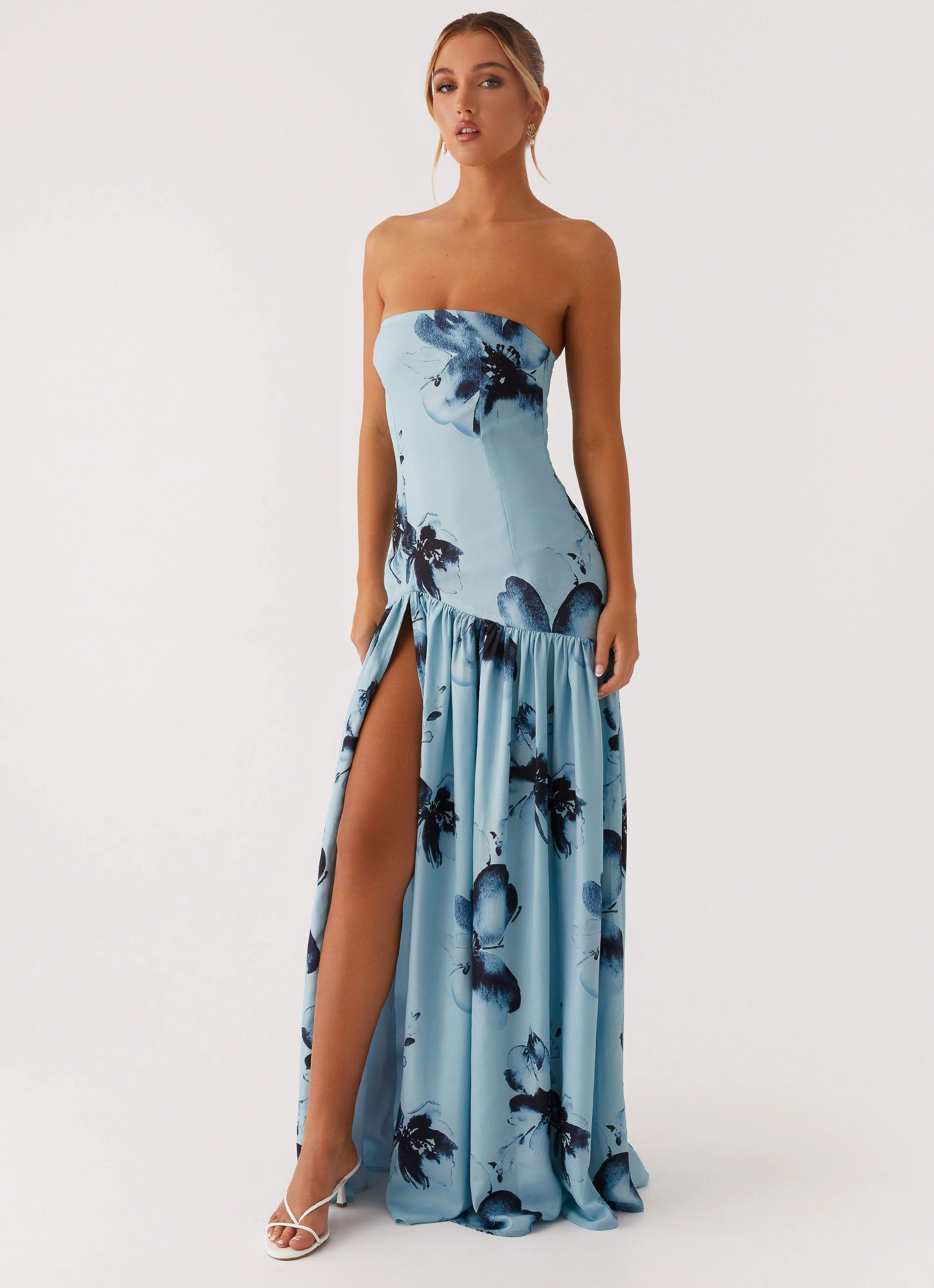Sleek Motion Eden Strapless Maxi Dress - Blue Black Floral