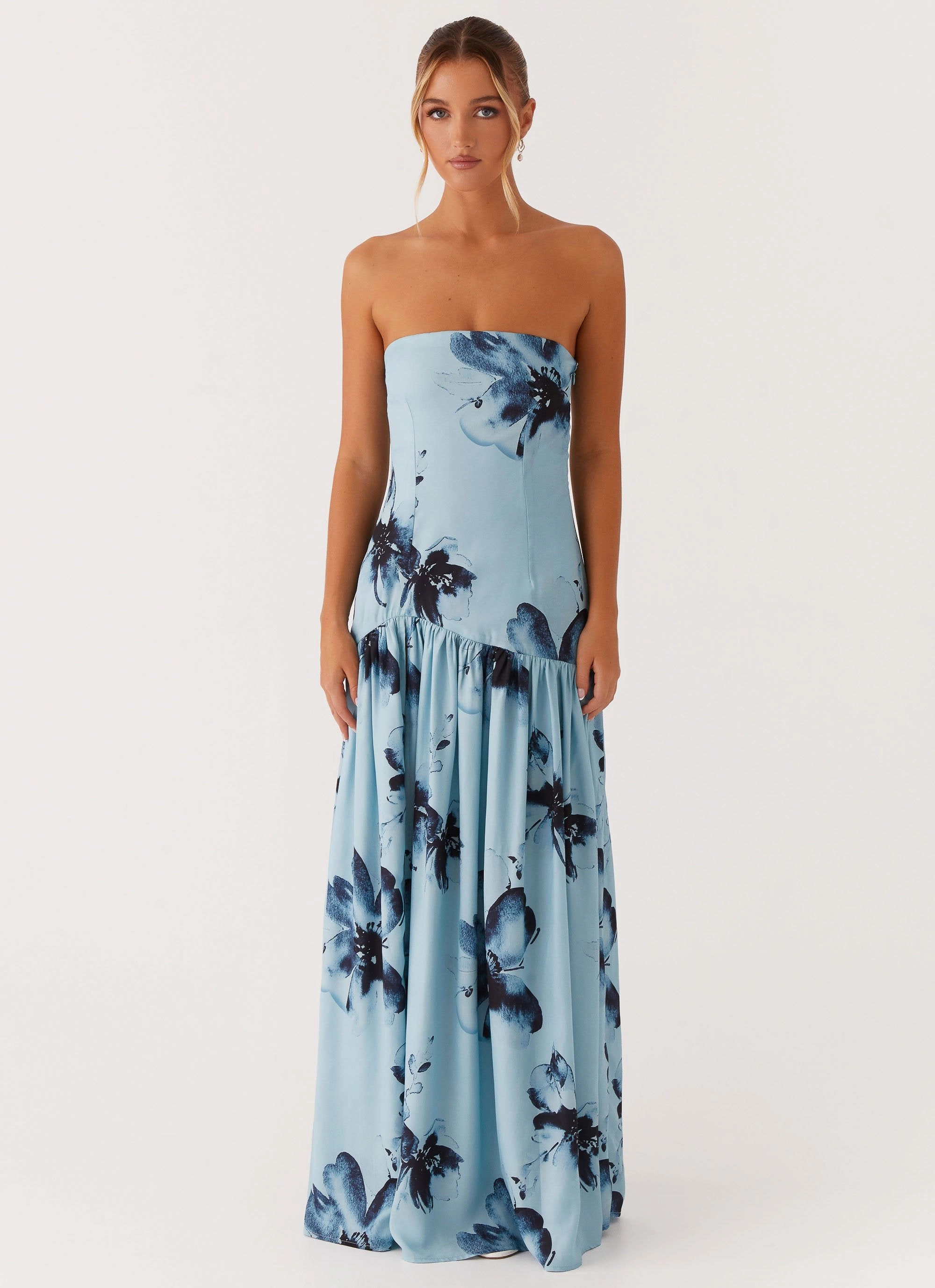 Eden Strapless Maxi Dress - Blue Black Floral Relaxed Finish